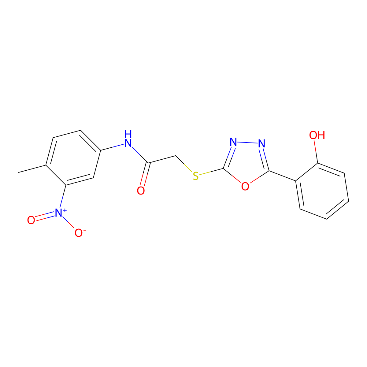2-((5-(2-Hydroxyphenyl)-1,3,4-oxadiazol-2-yl)thio)-N-(4-methyl-3-nitrophenyl)acetamide molecular structure, CAS 336180-25-7