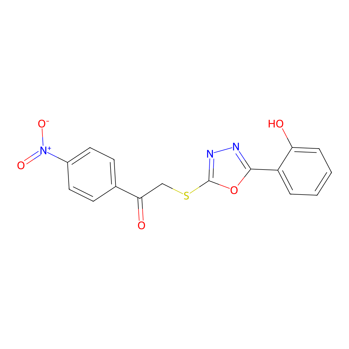 2-((5-(2-Hydroxyphenyl)-1,3,4-oxadiazol-2-yl)thio)-1-(4-nitrophenyl)ethanone molecular structure, CAS 336180-27-9
