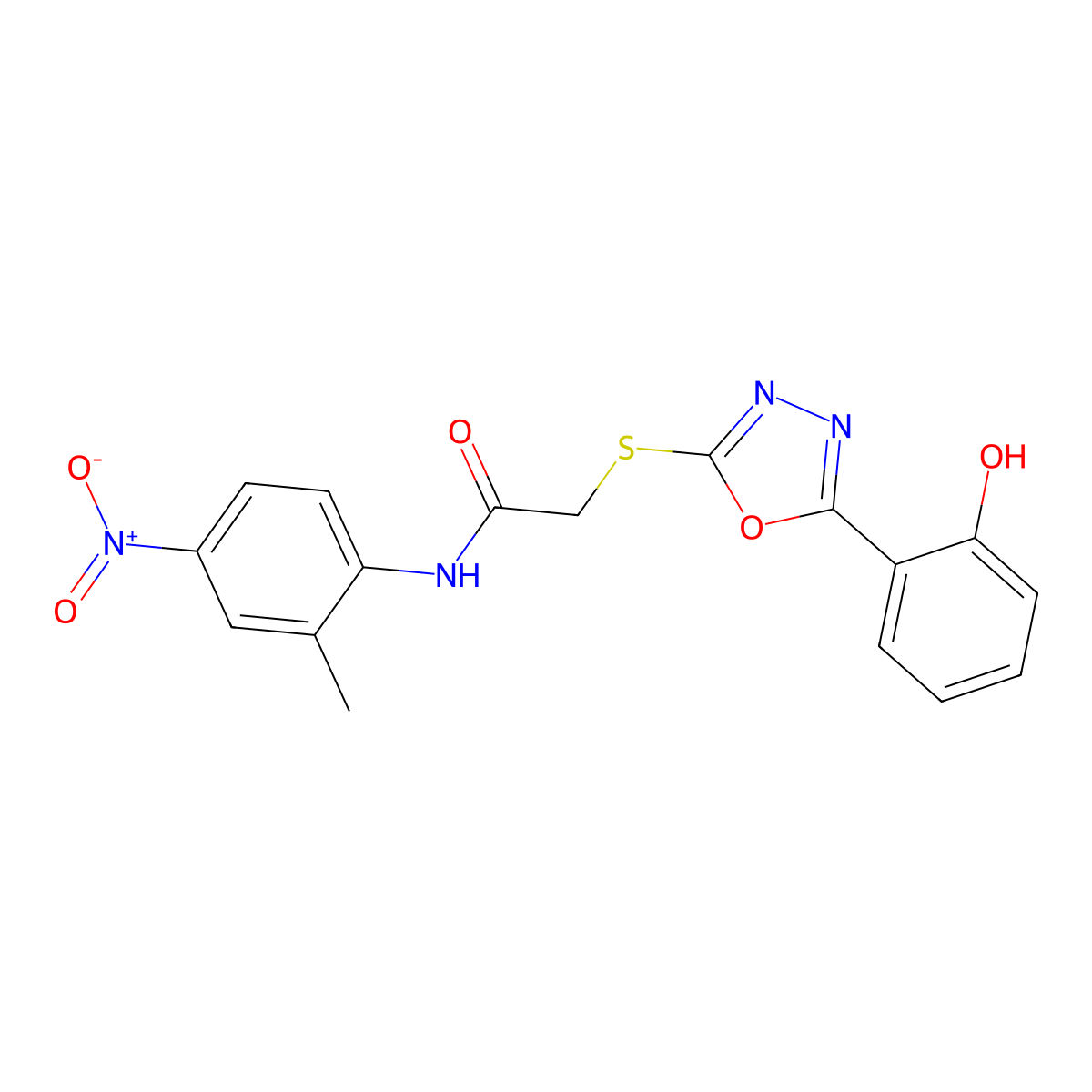2-((5-(2-Hydroxyphenyl)-1,3,4-oxadiazol-2-yl)thio)-N-(2-methyl-4-nitrophenyl)acetamide molecular structure, CAS 336180-64-4