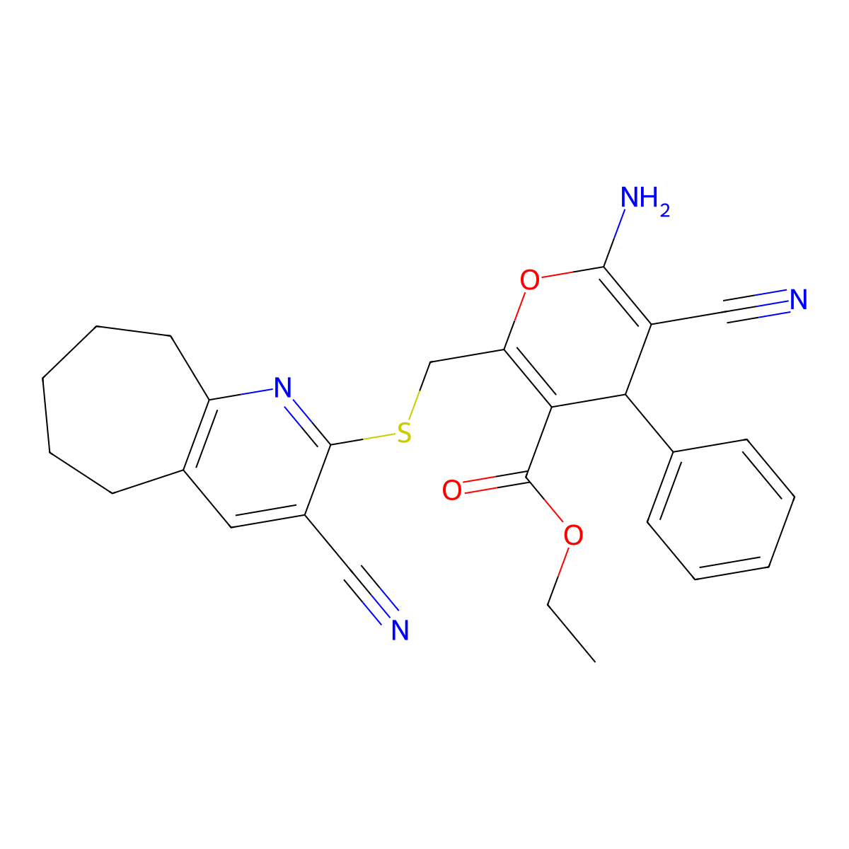 ethyl 6-amino-5-cyano-2-{[(3-cyano-6,7,8,9-tetrahydro-5H-cyclohepta[b]pyridin-2-yl)sulfanyl]methyl}-4-phenyl-4H-pyran-3-carboxylate molecular structure, CAS 336180-72-4