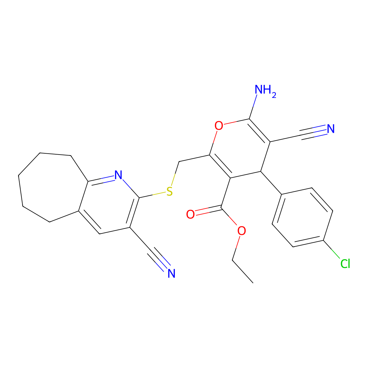 ethyl 6-amino-4-(4-chlorophenyl)-5-cyano-2-[(3-cyano-6,7,8,9-tetrahydro-5H-cyclohepta[b]pyridin-2-yl)sulfanylmethyl]-4H-pyran-3-carboxylate molecular structure, CAS 336180-73-5