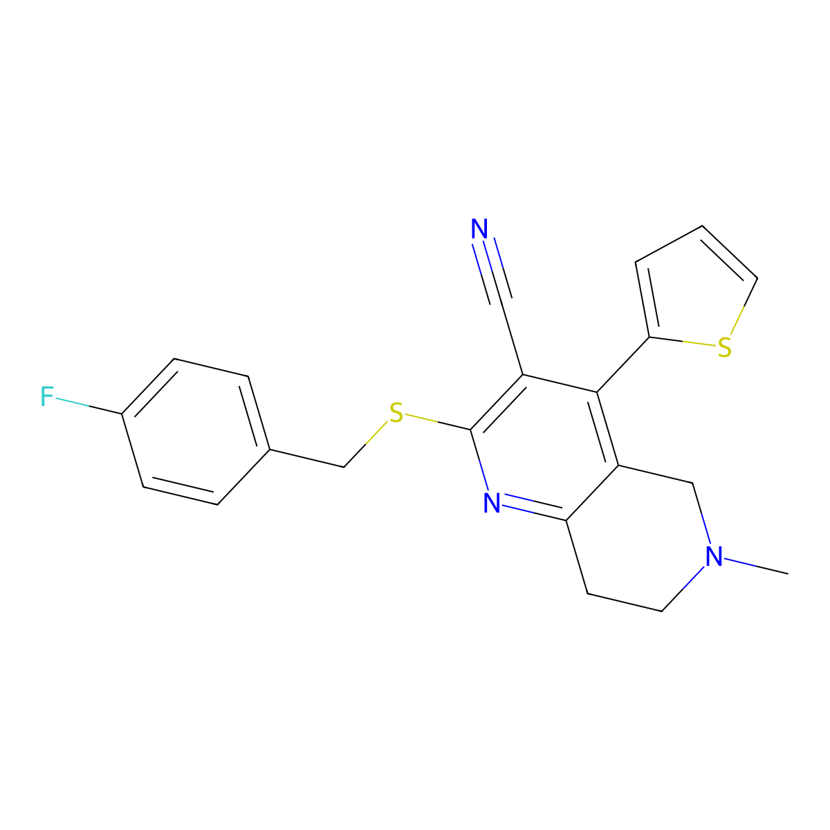 2-[(4-fluorophenyl)methylsulfanyl]-6-methyl-4-thiophen-2-yl-7,8-dihydro-5H-1,6-naphthyridine-3-carbonitrile molecular structure, CAS 336180-85-9