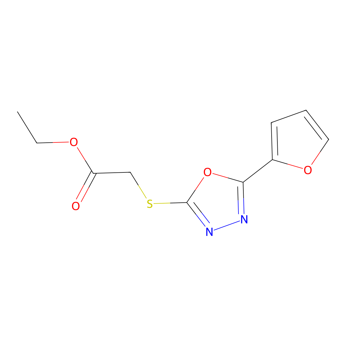 Ethyl 2-{[5-(furan-2-yl)-1,3,4-oxadiazol-2-yl]sulfanyl}acetate molecular structure, CAS 33621-21-5