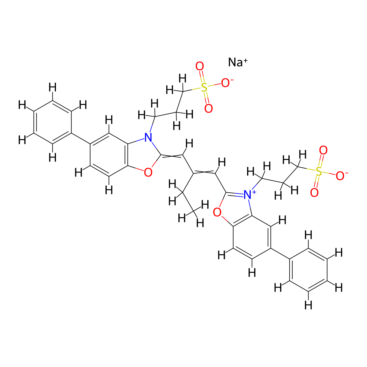 Benzoxazolium, 5-phenyl-2-(2-((5-phenyl-3-(3-sulfopropyl)-2(3H)-benzoxazolylidene)methyl)-1-buten-1-yl)-3-(3-sulfopropyl)-, inner salt, sodium salt (1:1) molecular structure, CAS 33628-03-4