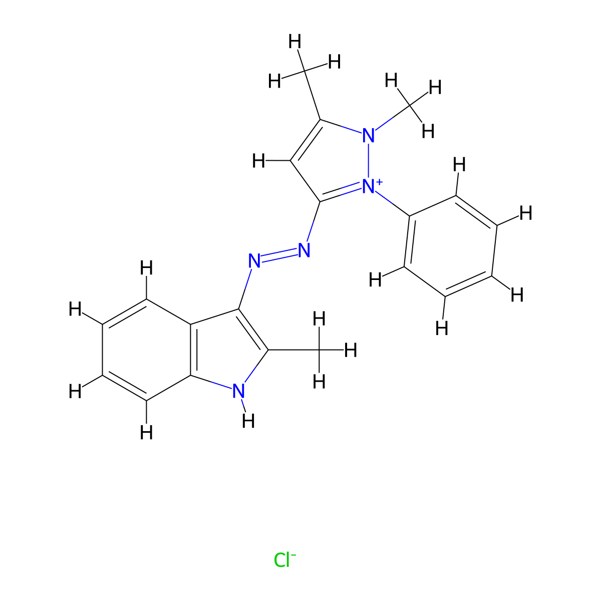 1H-Pyrazolium, 2,3-dimethyl-5-(2-(2-methyl-1H-indol-3-yl)diazenyl)-1-phenyl-, chloride (1:1) molecular structure, CAS 33639-59-7
