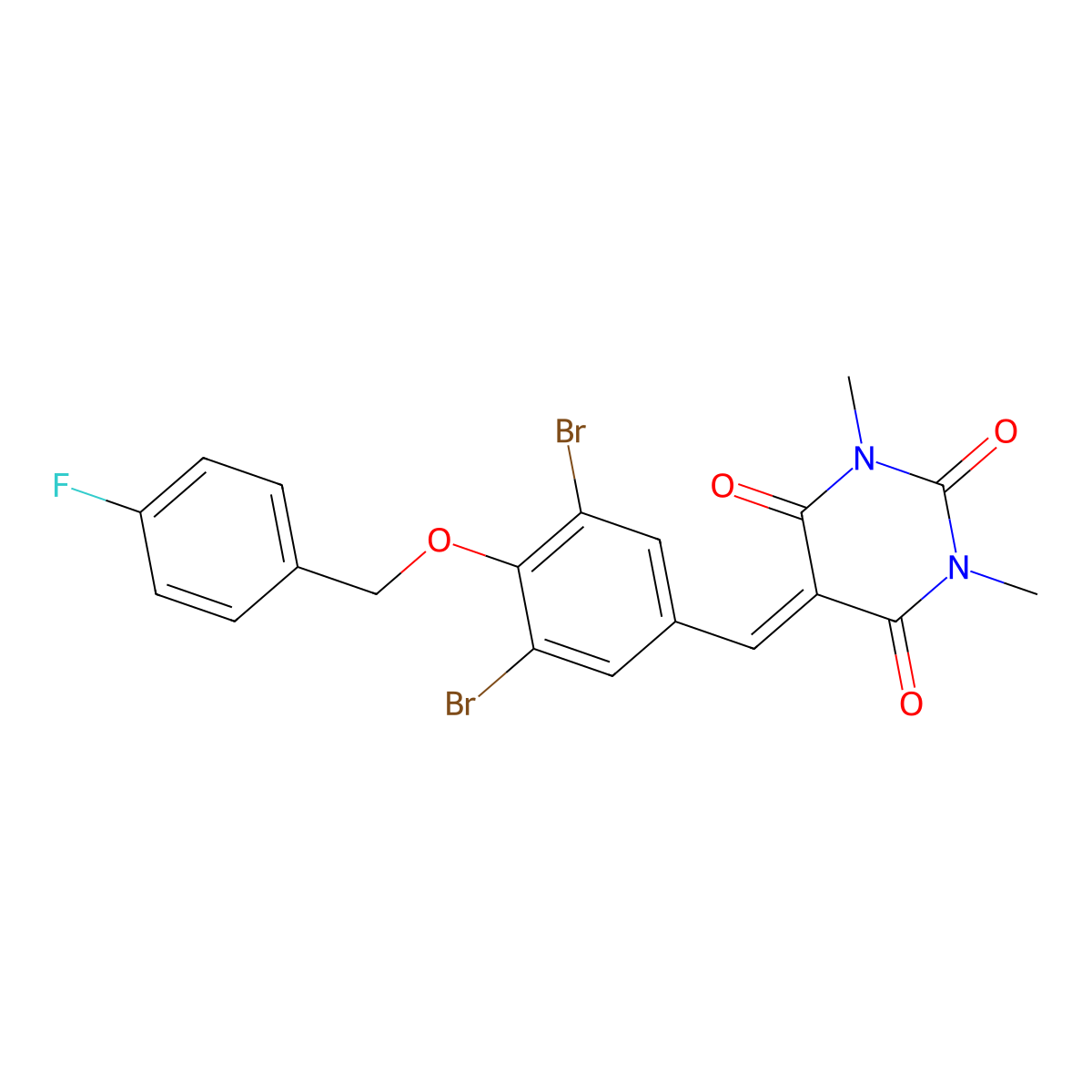 5-((3,5-Dibromo-4-((4-fluorophenyl)methoxy)phenyl)methylene)-1,3-dimethyl-2,4,6(1H,3H,5H)-pyrimidinetrione molecular structure, CAS 336880-02-5