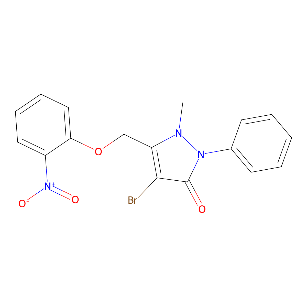 4-Bromo-2-methyl-3-((2-nitrophenoxy)methyl)-1-phenyl-3-pyrazolin-5-one molecular structure, CAS 33697-10-8