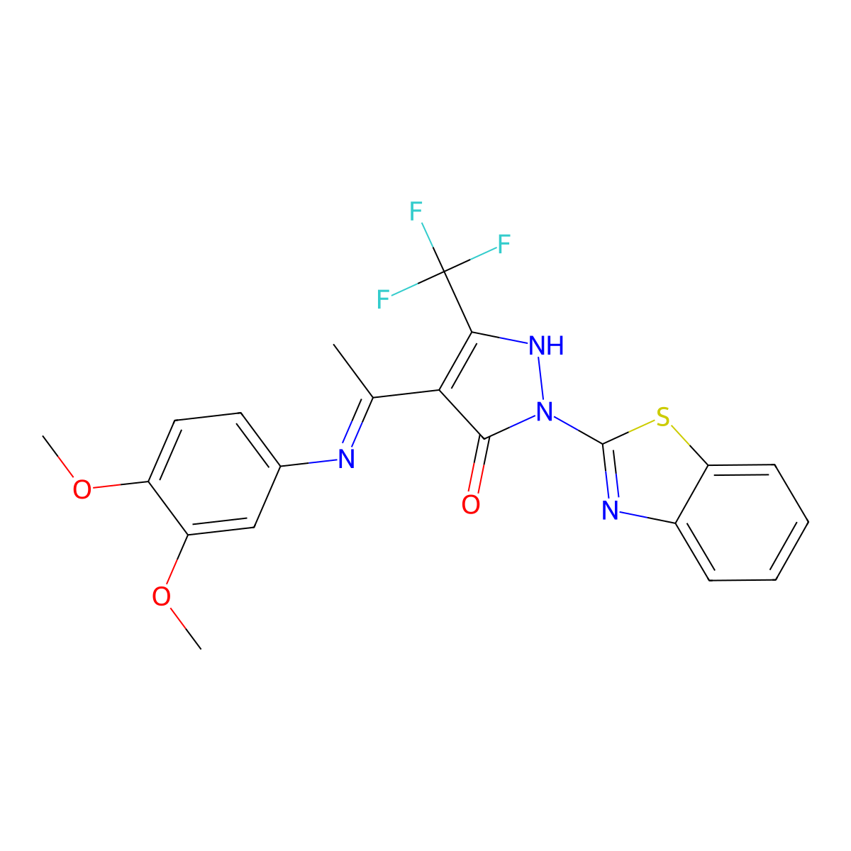 (4E)-2-(1,3-benzothiazol-2-yl)-4-[1-(3,4-dimethoxyanilino)ethylidene]-5-(trifluoromethyl)pyrazol-3-one molecular structure, CAS 337339-96-5
