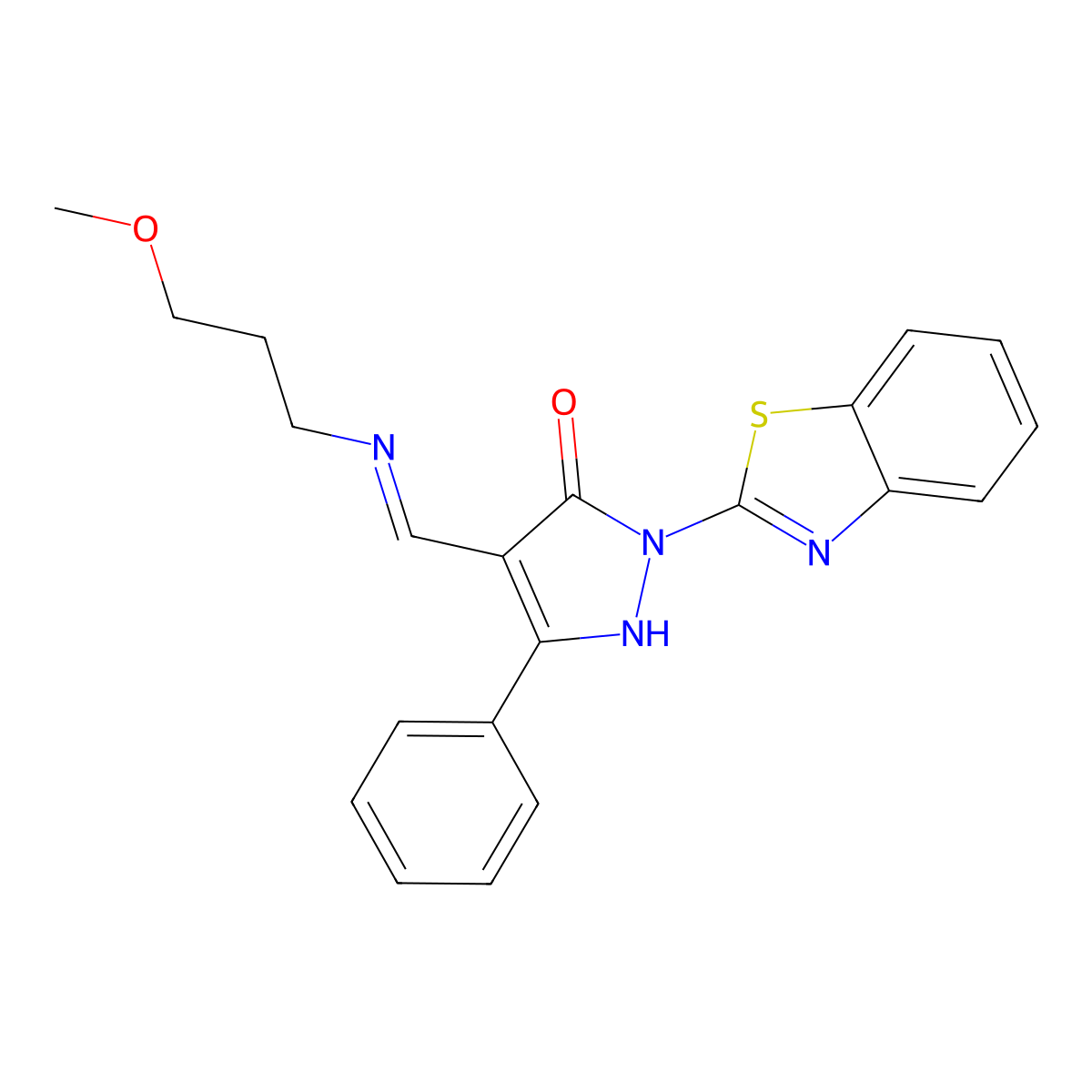2-(1,3-benzothiazol-2-yl)-4-{(E)-[(3-methoxypropyl)imino]methyl}-5-phenyl-1,2-dihydro-3H-pyrazol-3-one molecular structure, CAS 337340-20-2