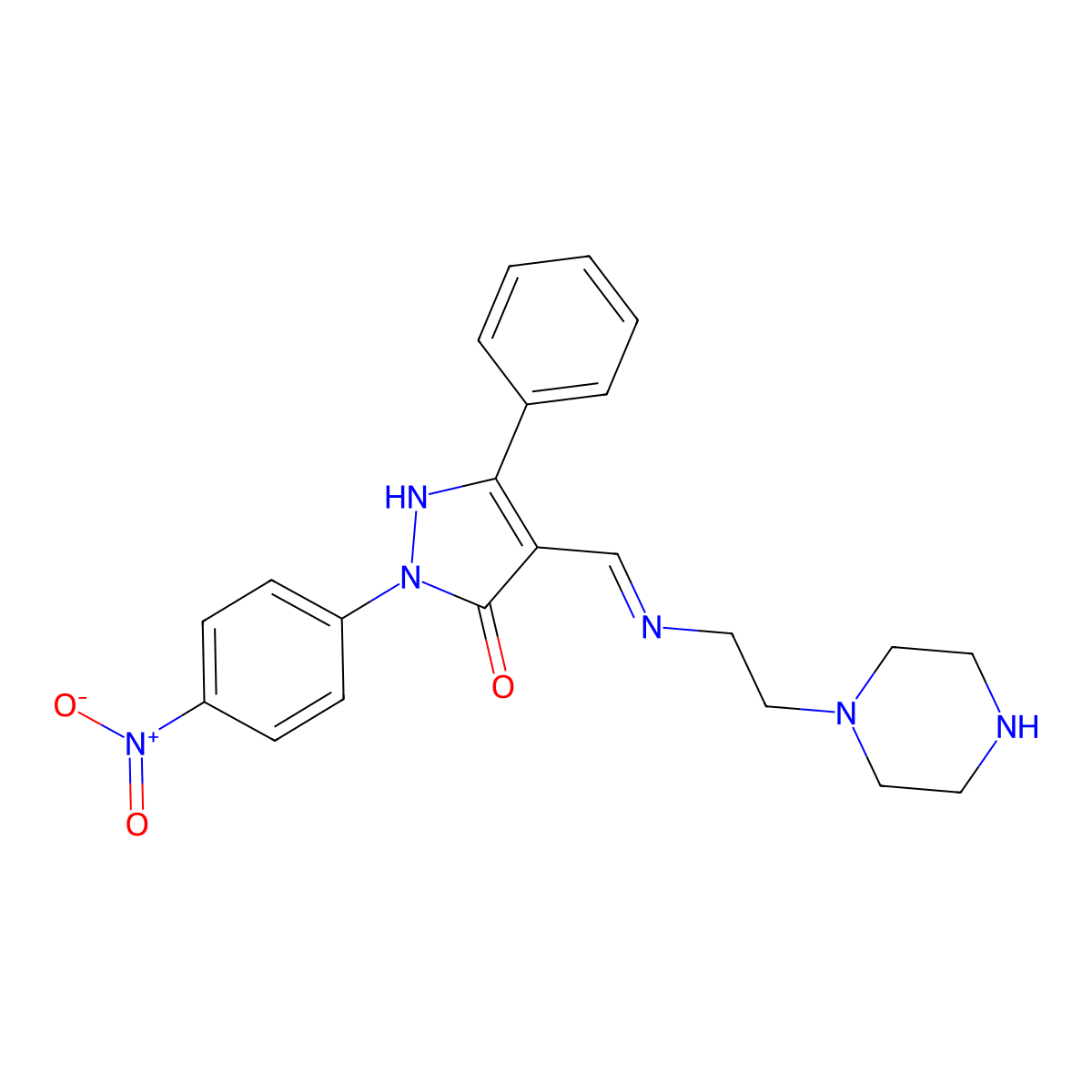 (4E)-2-(4-nitrophenyl)-5-phenyl-4-[(2-piperazin-1-ylethylamino)methylidene]pyrazol-3-one molecular structure, CAS 337341-04-5