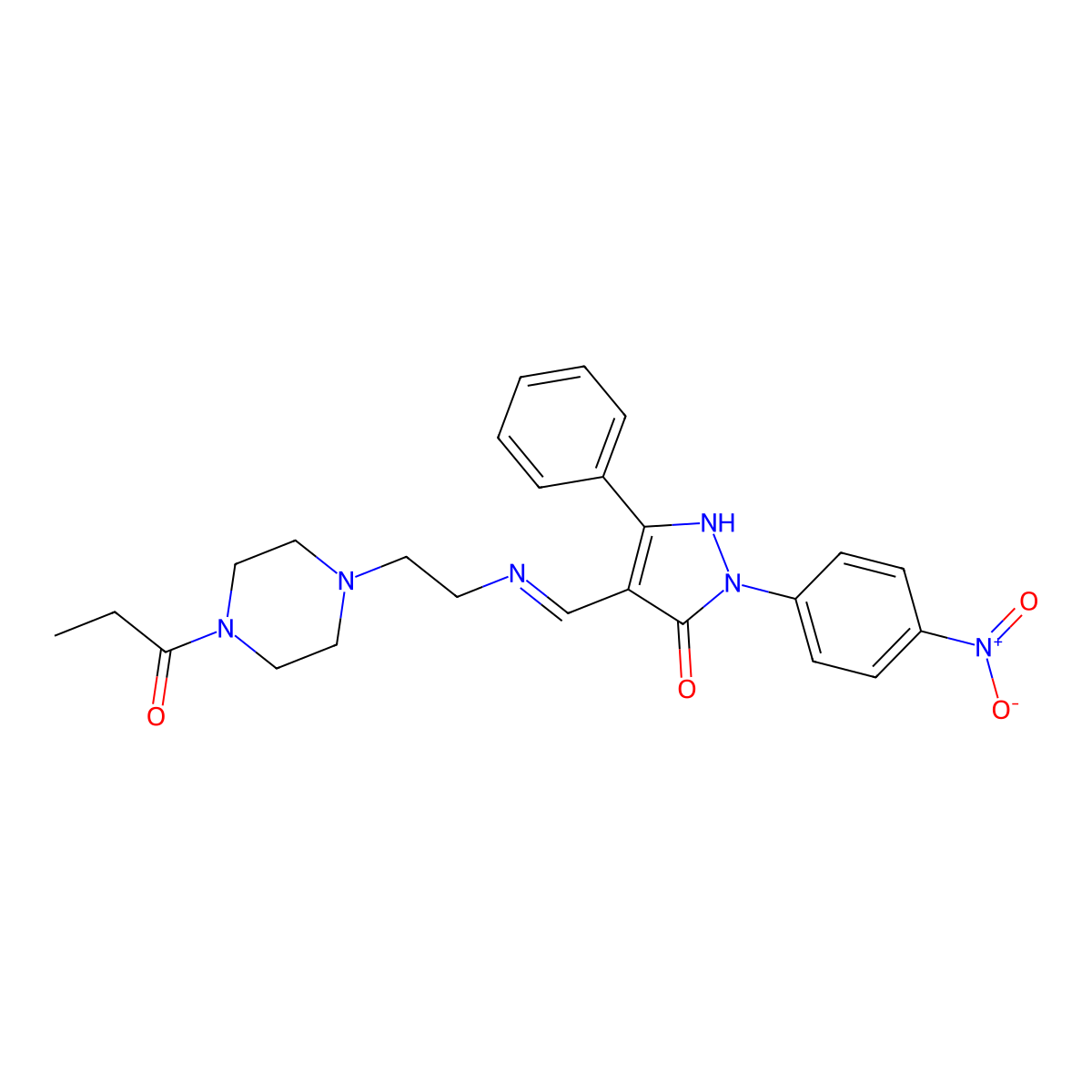 (4E)-2-(4-nitrophenyl)-5-phenyl-4-[[2-(4-propanoylpiperazin-1-yl)ethylamino]methylidene]pyrazol-3-one molecular structure, CAS 337341-46-5