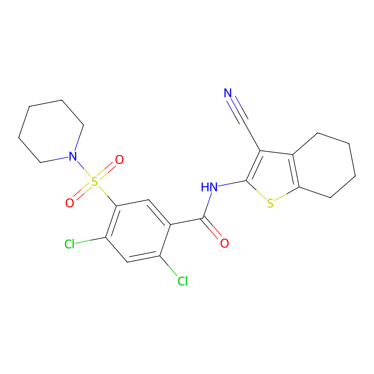 2,4-dichloro-N-(3-cyano-4,5,6,7-tetrahydro-1-benzothiophen-2-yl)-5-piperidin-1-ylsulfonylbenzamide molecular structure, CAS 337343-86-9