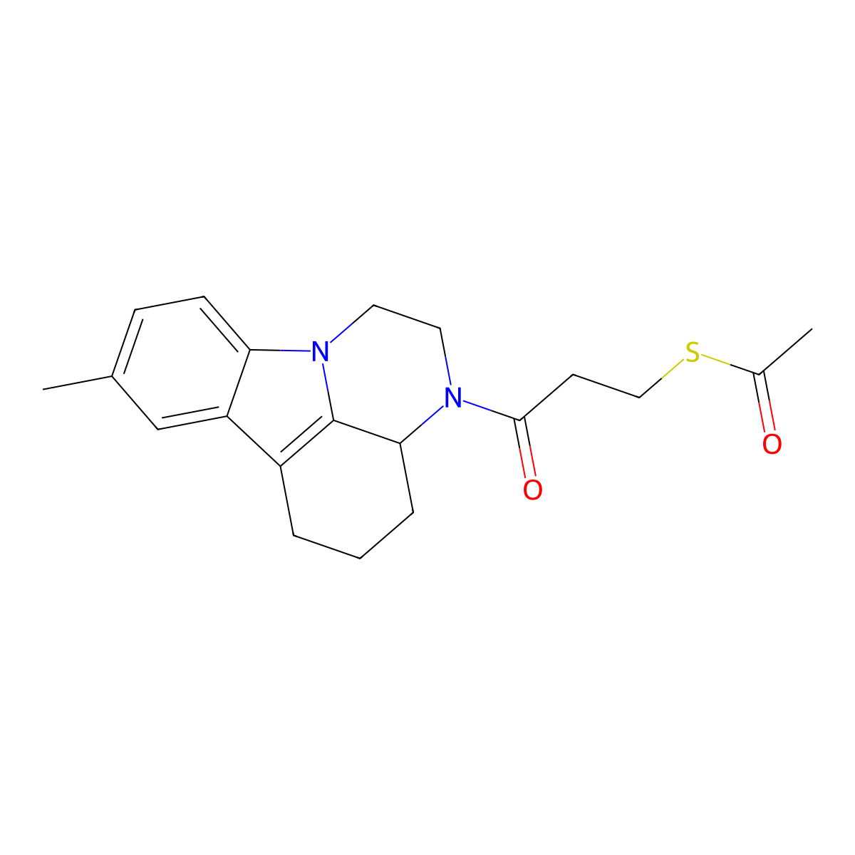 S-[3-(8-methyl-1,2,3a,4,5,6-hexahydro-3H-pyrazino[3,2,1-jk]carbazol-3-yl)-3-oxopropyl] ethanethioate molecular structure, CAS 337352-85-9
