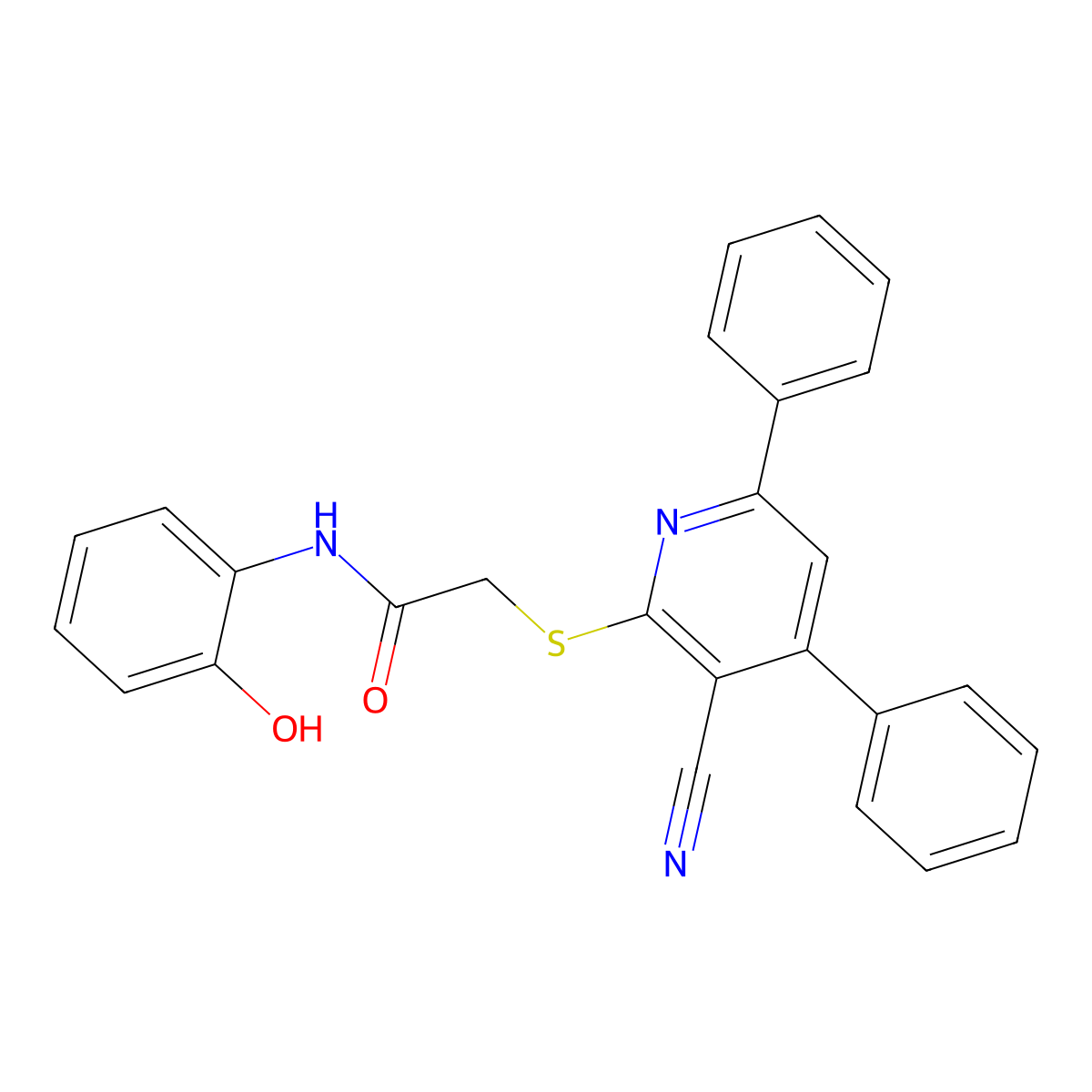 2-((3-Cyano-4,6-diphenylpyridin-2-yl)thio)-N-(2-hydroxyphenyl)acetamide molecular structure, CAS 337354-82-2