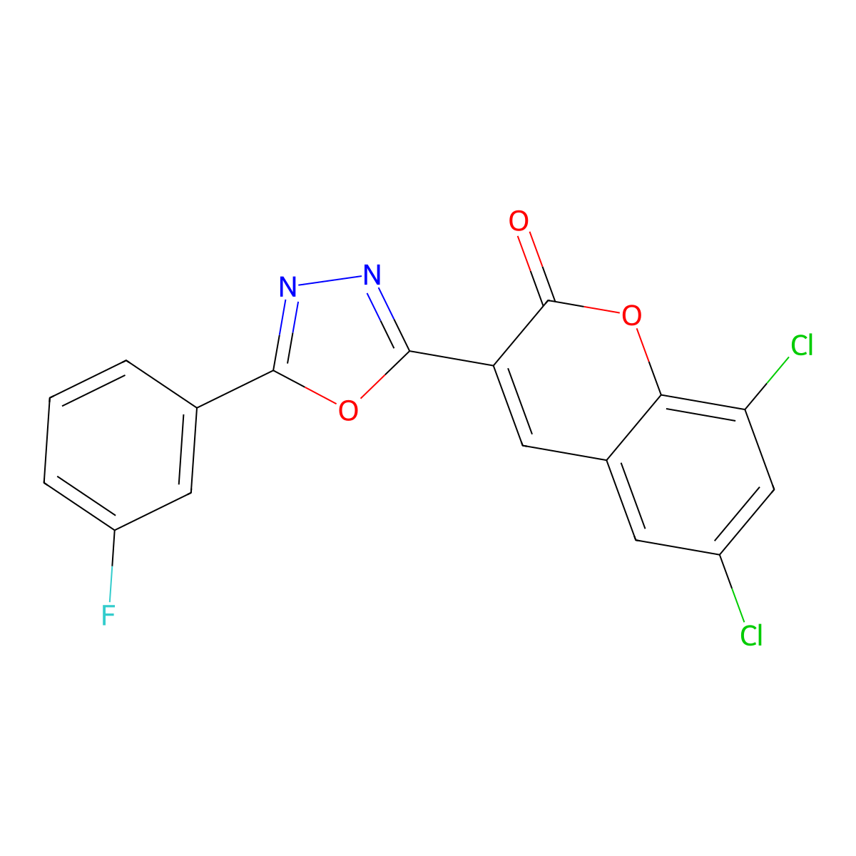 6,8-dichloro-3-(5-(3-fluorophenyl)-1,3,4-oxadiazol-2-yl)-2H-chromen-2-one molecular structure, CAS 337486-45-0