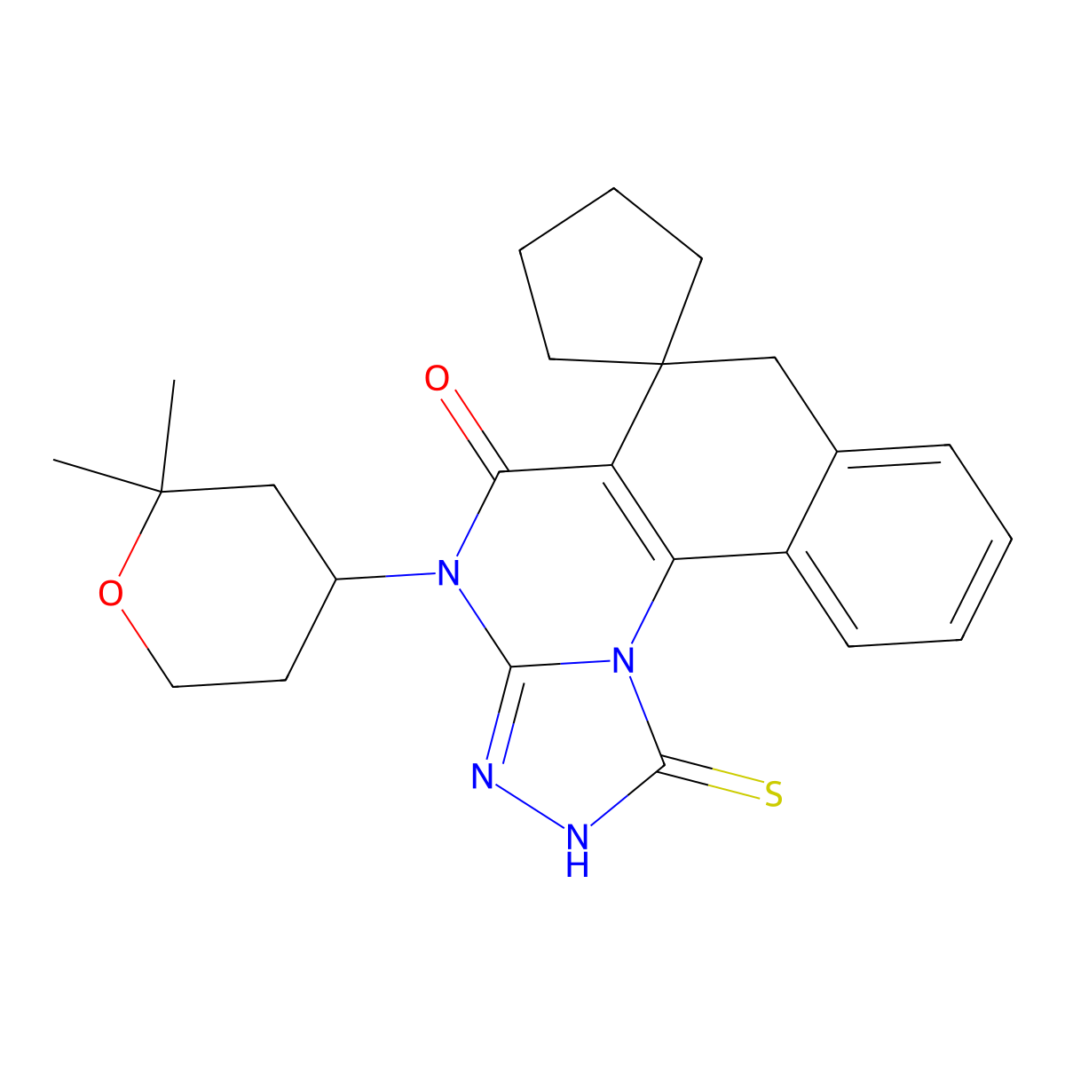 4-(2,2-dimethyltetrahydro-2H-pyran-4-yl)-1-mercapto-4H-spiro[benzo[h][1,2,4]triazolo[4,3-a]quinazoline-6,1'-cyclopentan]-5(7H)-one molecular structure, CAS 337487-93-1