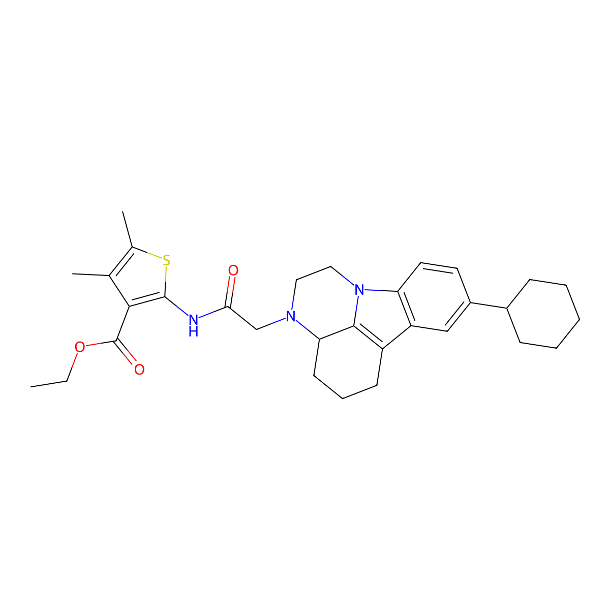 ethyl 2-(2-(8-cyclohexyl-3a,4,5,6-tetrahydro-1H-pyrazino[3,2,1-jk]carbazol-3(2H)-yl)acetamido)-4,5-dimethylthiophene-3-carboxylate molecular structure, CAS 337488-82-1