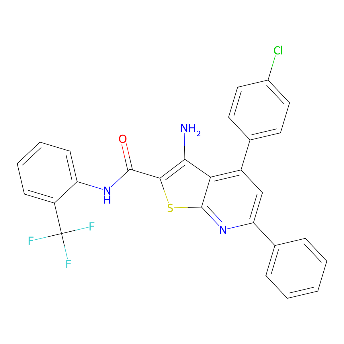 3-Amino-4-(4-chlorophenyl)-6-phenyl-N-(2-(trifluoromethyl)phenyl)thieno[2,3-b]pyridine-2-carboxamide molecular structure, CAS 337489-03-9