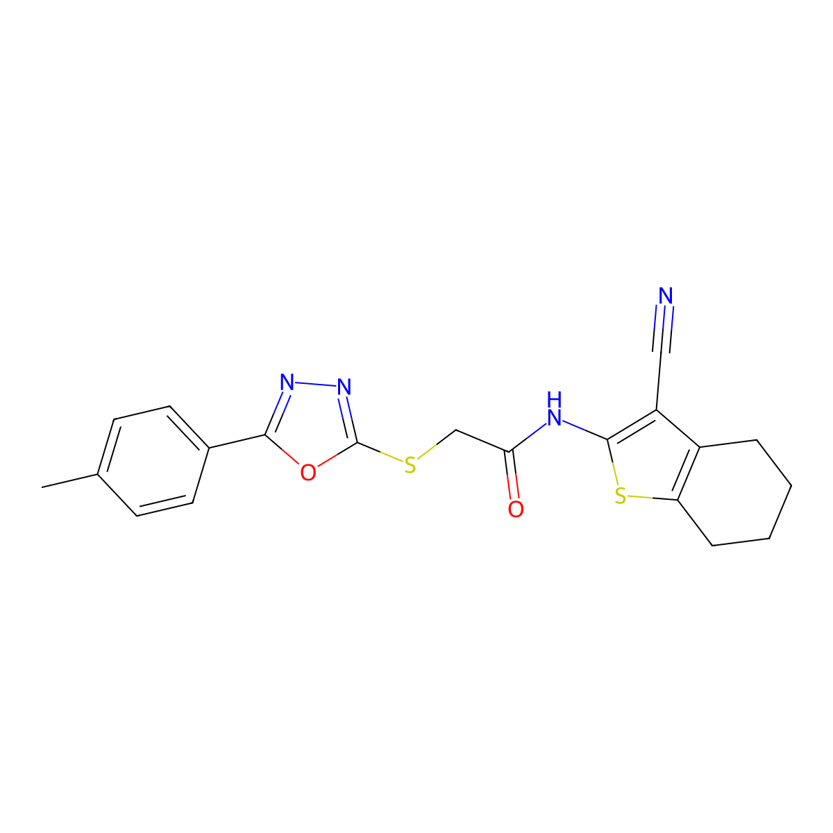 N-(3-Cyano-4,5,6,7-tetrahydrobenzo[b]thiophen-2-yl)-2-((5-(p-tolyl)-1,3,4-oxadiazol-2-yl)thio)acetamide molecular structure, CAS 337489-25-5
