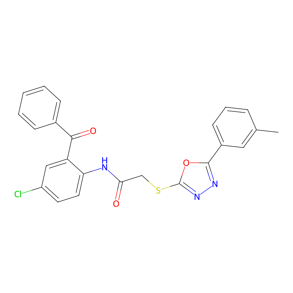 N-(2-Benzoyl-4-chlorophenyl)-2-((5-(m-tolyl)-1,3,4-oxadiazol-2-yl)thio)acetamide molecular structure, CAS 337490-51-4