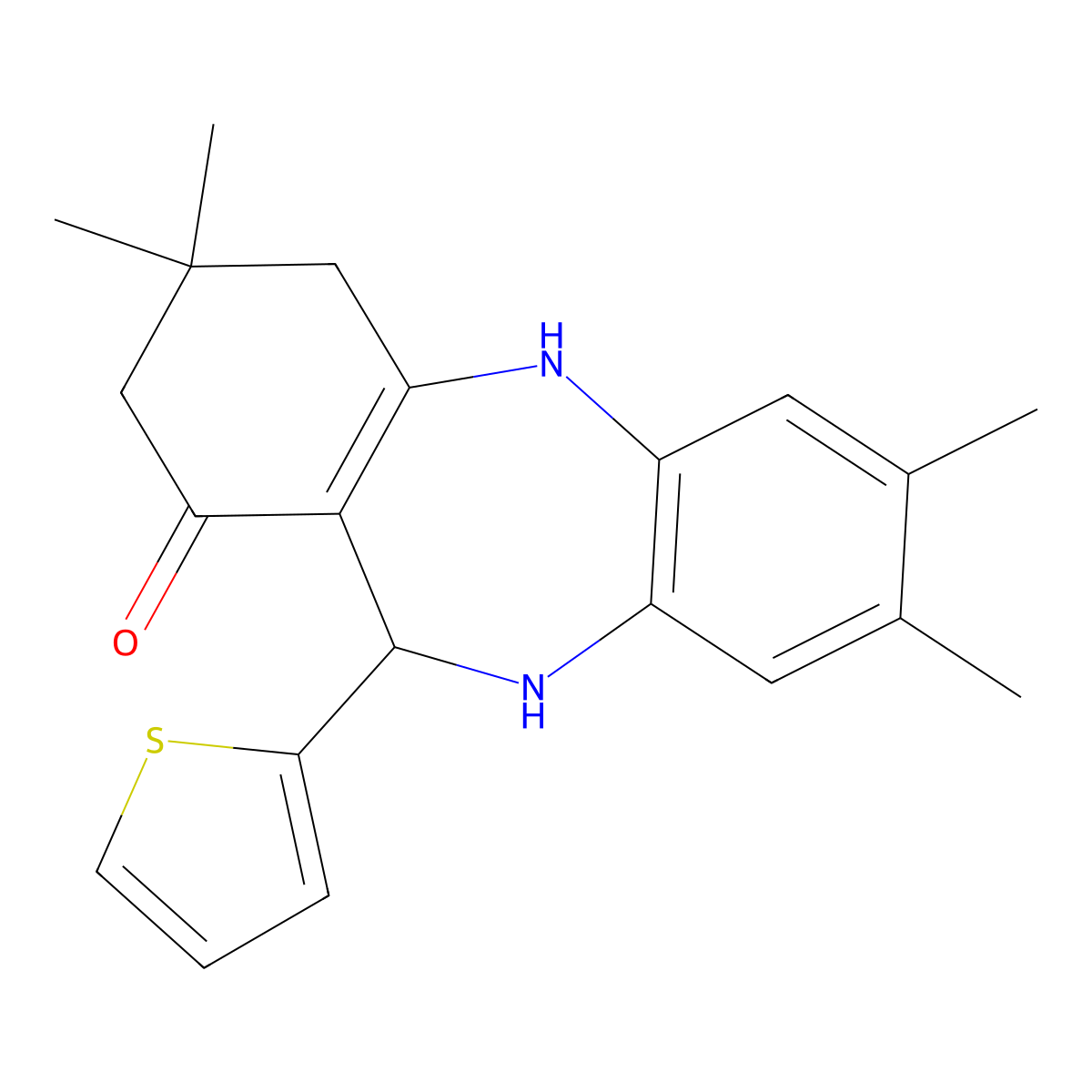 2,3,9,9-tetramethyl-6-thiophen-2-yl-6,8,10,11-tetrahydro-5H-benzo[b][1,4]benzodiazepin-7-one molecular structure, CAS 337491-88-0