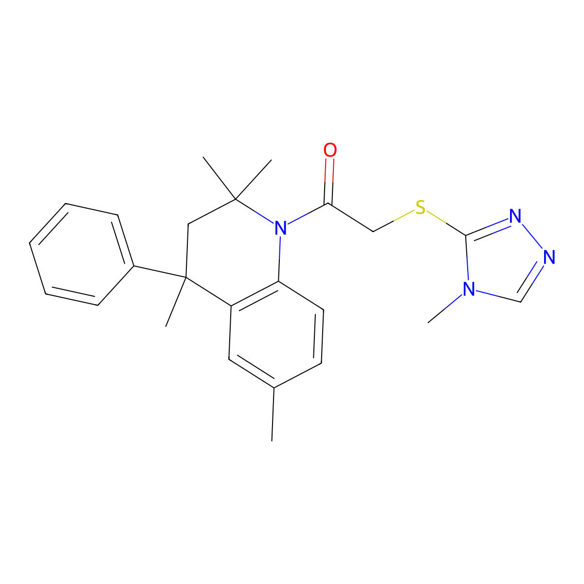 1-(3,4-Dihydro-2,2,4,6-tetramethyl-4-phenyl-1(2H)-quinolinyl)-2-((4-methyl-4H-1,2,4-triazol-3-yl)thio)ethanone molecular structure, CAS 337493-90-0