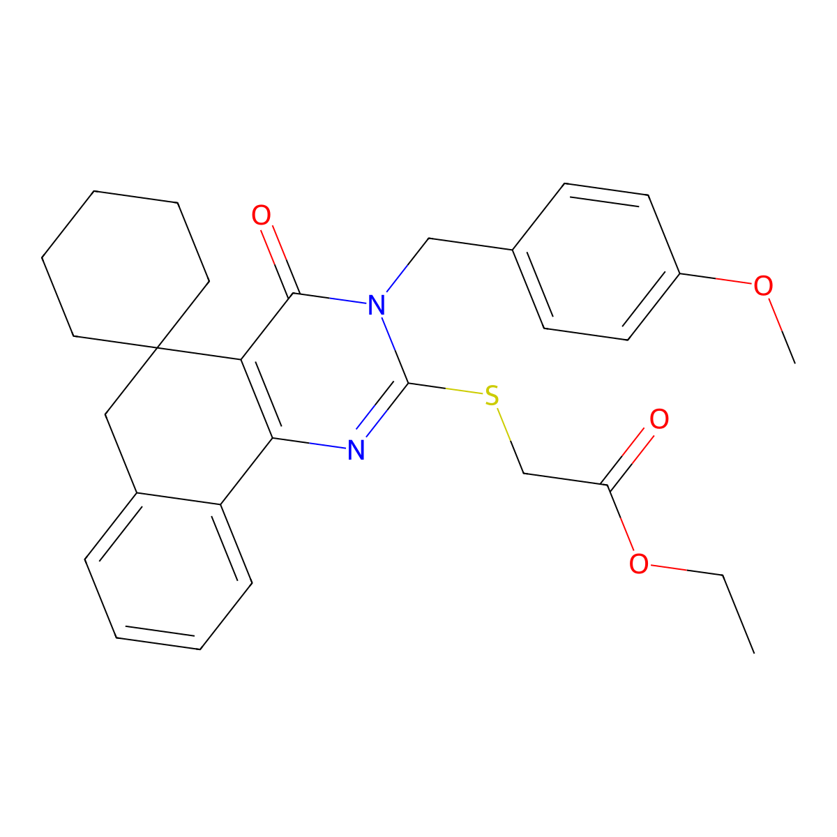 ethyl 2-[3-[(4-methoxyphenyl)methyl]-4-oxospiro[6H-benzo[h]quinazoline-5,1'-cyclohexane]-2-yl]sulfanylacetate molecular structure, CAS 337495-54-2