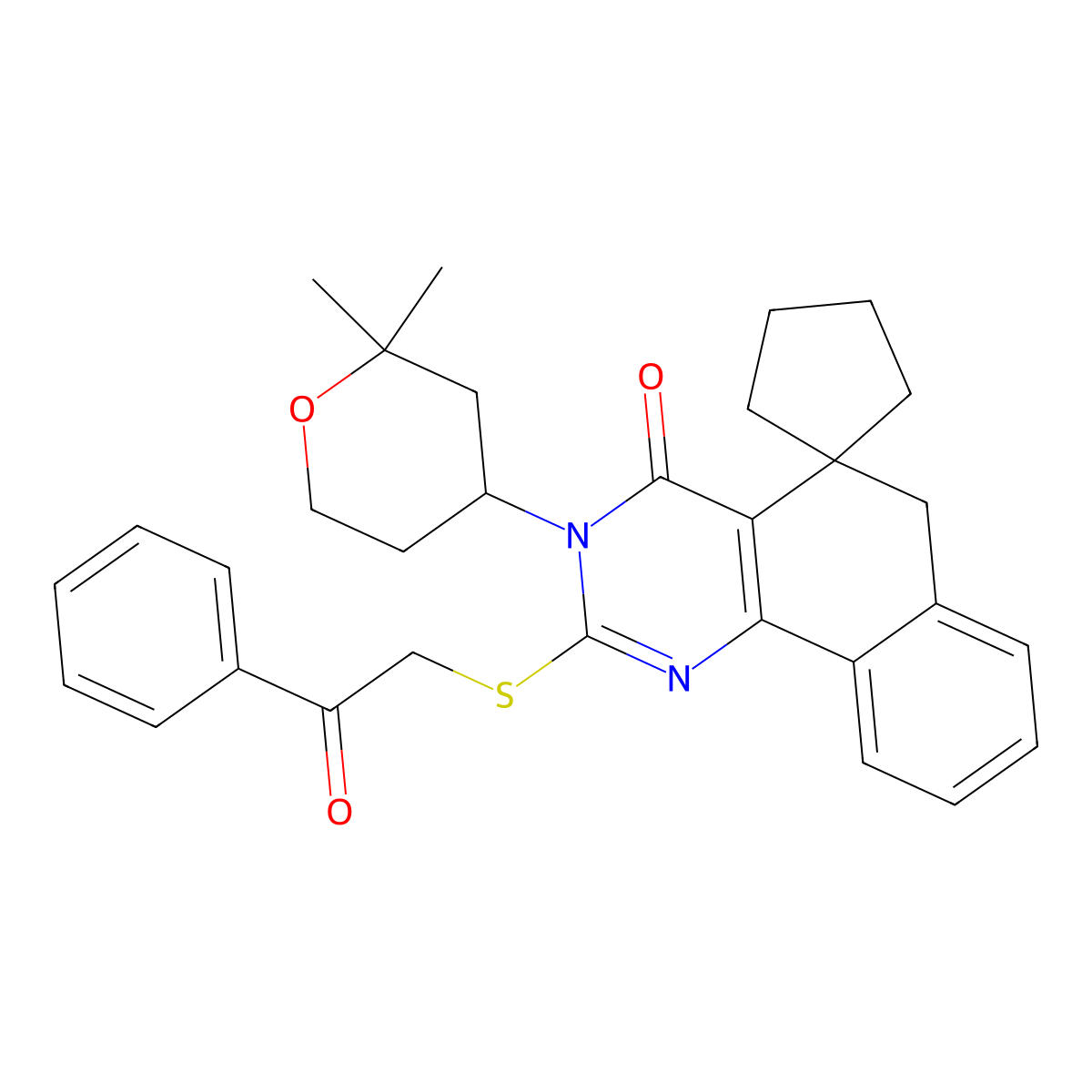 3-(2,2-dimethyloxan-4-yl)-2-phenacylsulfanylspiro[6H-benzo[h]quinazoline-5,1'-cyclopentane]-4-one molecular structure, CAS 337495-94-0
