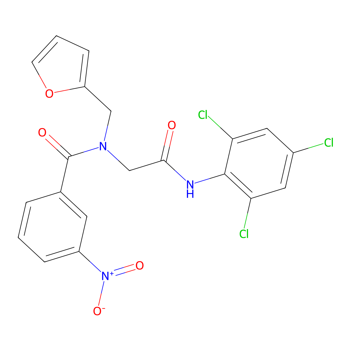 N-(Furan-2-ylmethyl)-3-nitro-N-(2-oxo-2-((2,4,6-trichlorophenyl)amino)ethyl)benzamide molecular structure, CAS 337496-24-9