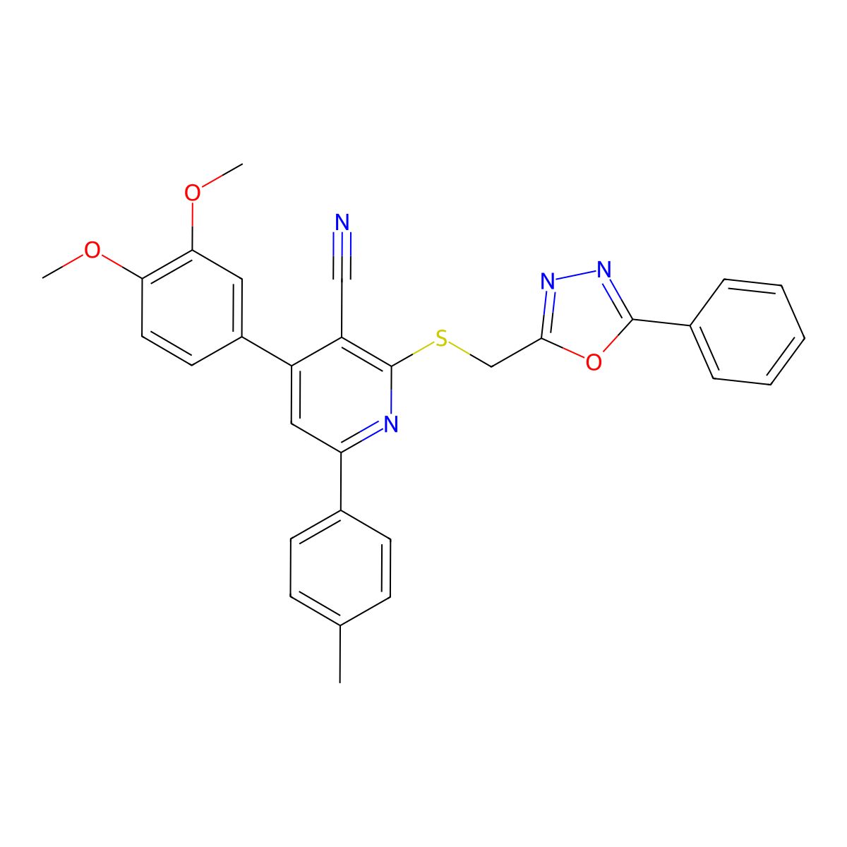 4-(3,4-Dimethoxyphenyl)-2-(((5-phenyl-1,3,4-oxadiazol-2-yl)methyl)thio)-6-(p-tolyl)nicotinonitrile molecular structure, CAS 337497-81-1