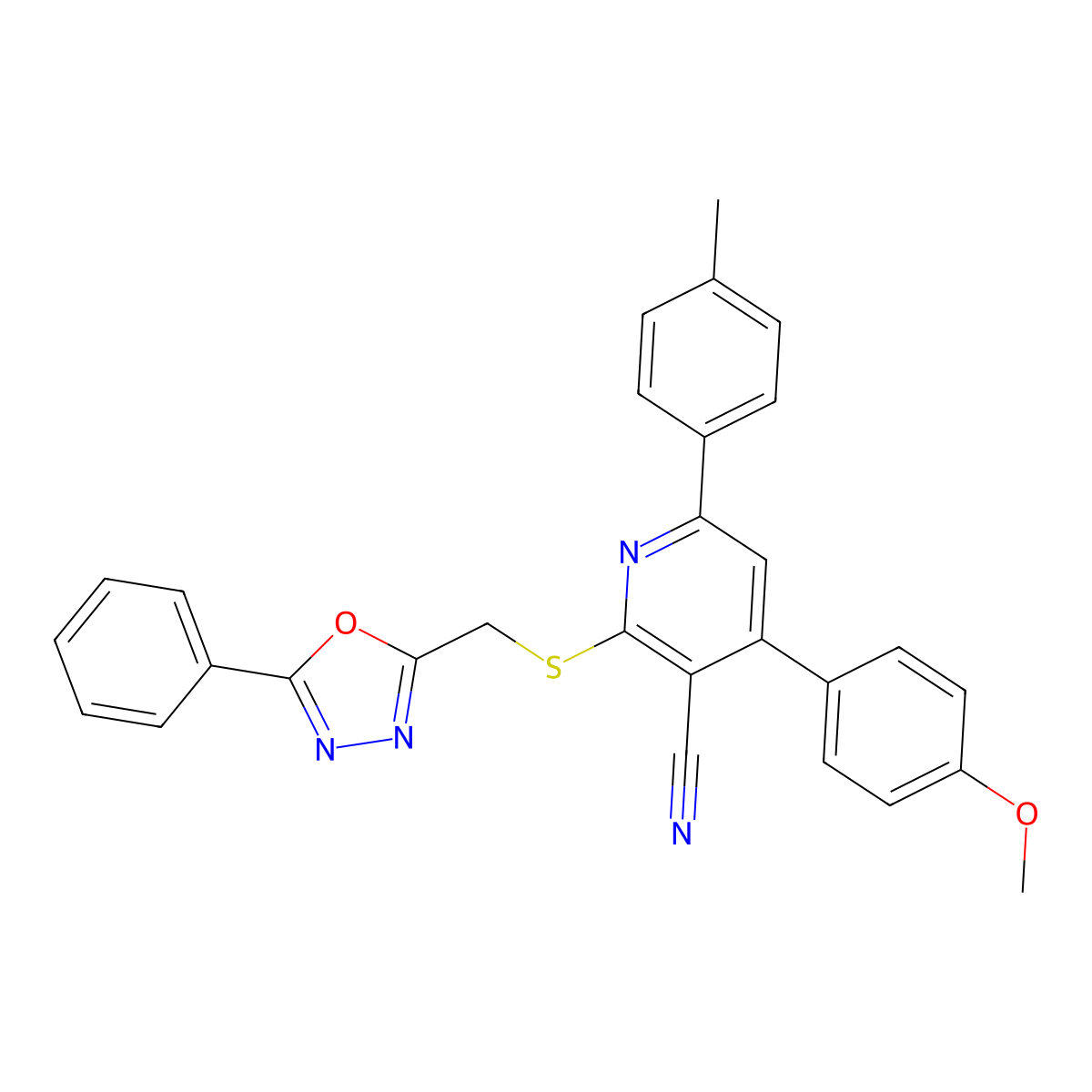 4-(4-Methoxyphenyl)-2-(((5-phenyl-1,3,4-oxadiazol-2-yl)methyl)thio)-6-(p-tolyl)nicotinonitrile molecular structure, CAS 337497-82-2