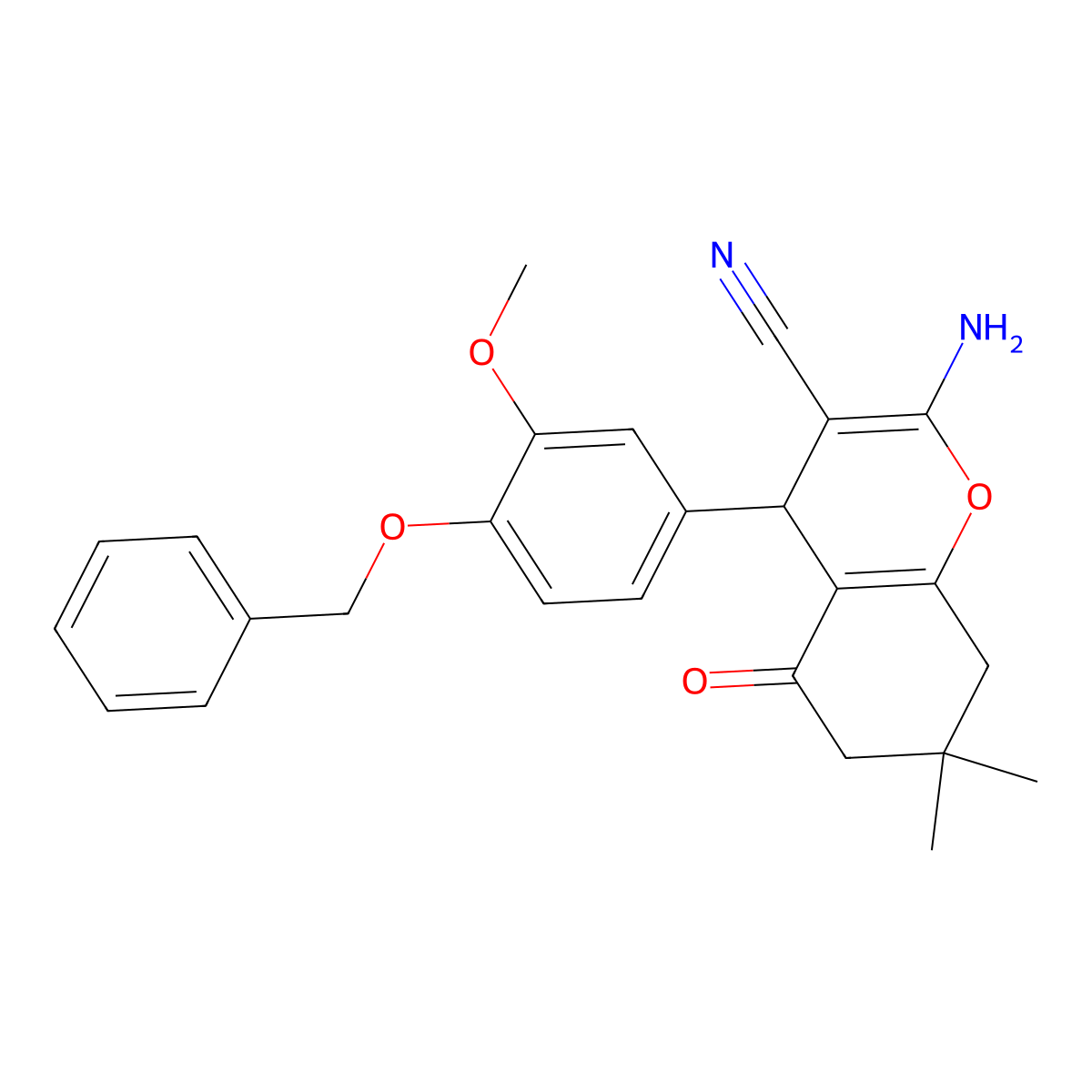 2-Amino-4-(4-(benzyloxy)-3-methoxyphenyl)-7,7-dimethyl-5-oxo-5,6,7,8-tetrahydro-4H-chromene-3-carbonitrile molecular structure, CAS 337497-92-4