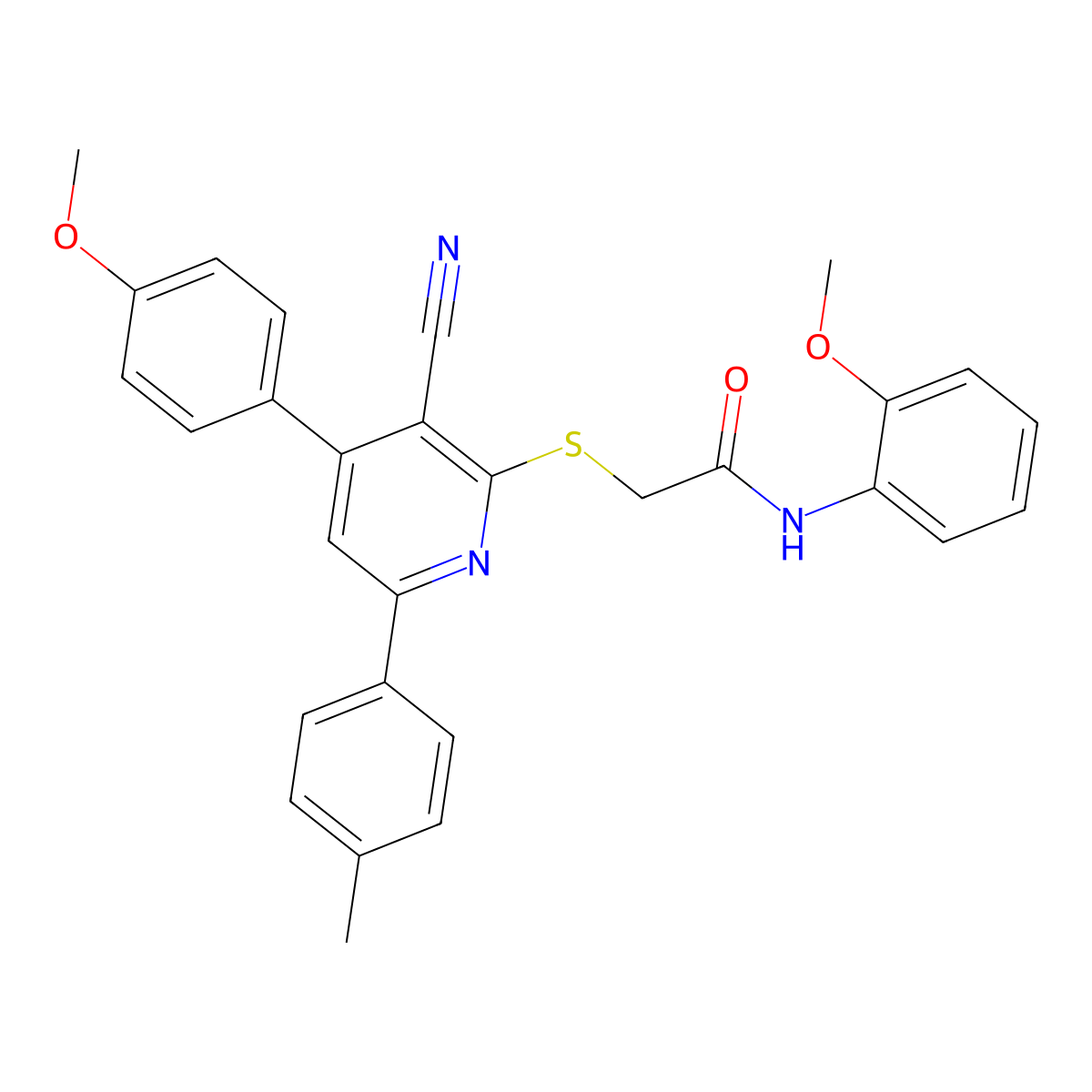2-((3-Cyano-4-(4-methoxyphenyl)-6-(p-tolyl)pyridin-2-yl)thio)-N-(2-methoxyphenyl)acetamide molecular structure, CAS 337498-29-0