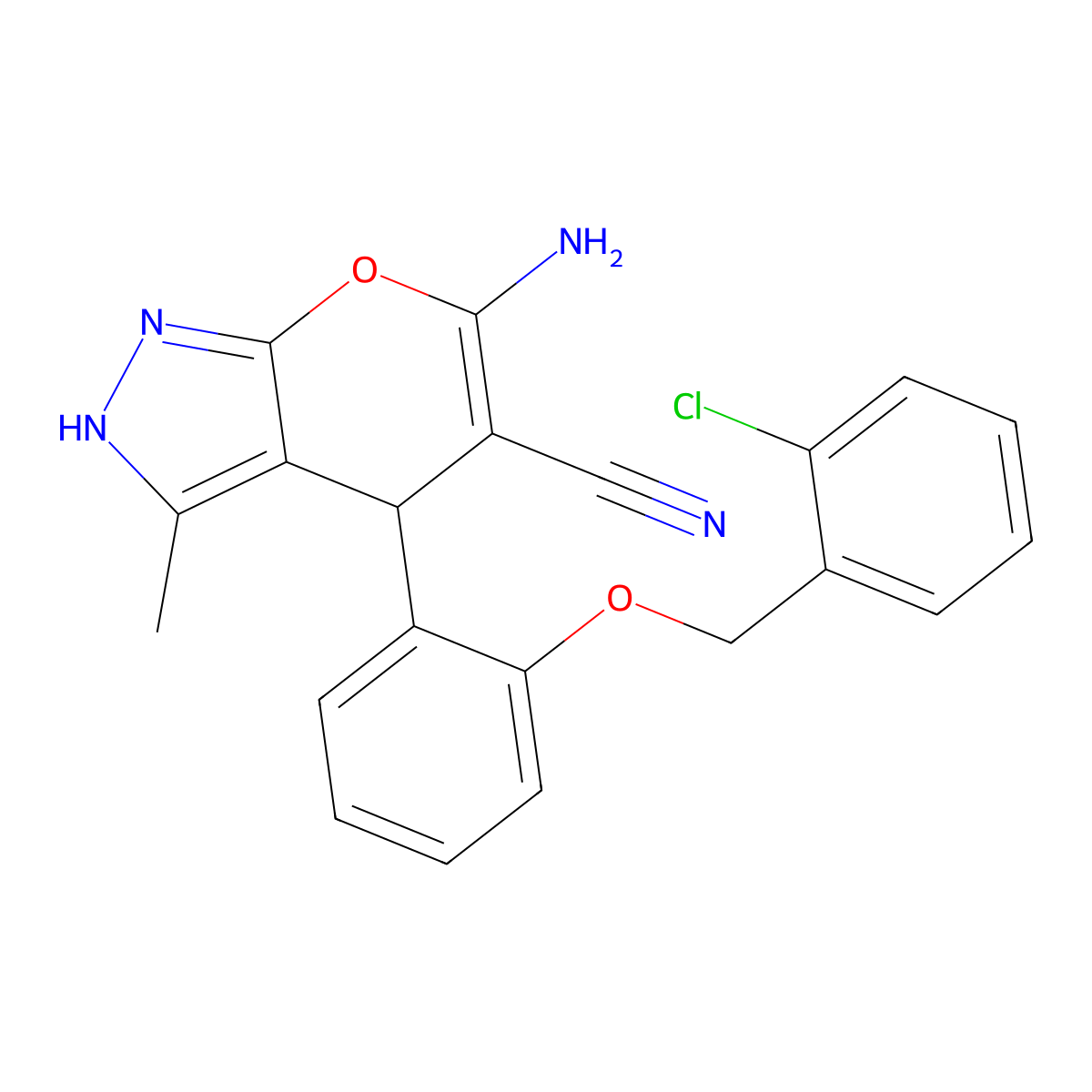 6-Amino-4-{2-[(2-chlorobenzyl)oxy]phenyl}-3-methyl-1,4-dihydropyrano[2,3-c]pyrazole-5-carbonitrile molecular structure, CAS 337499-01-1