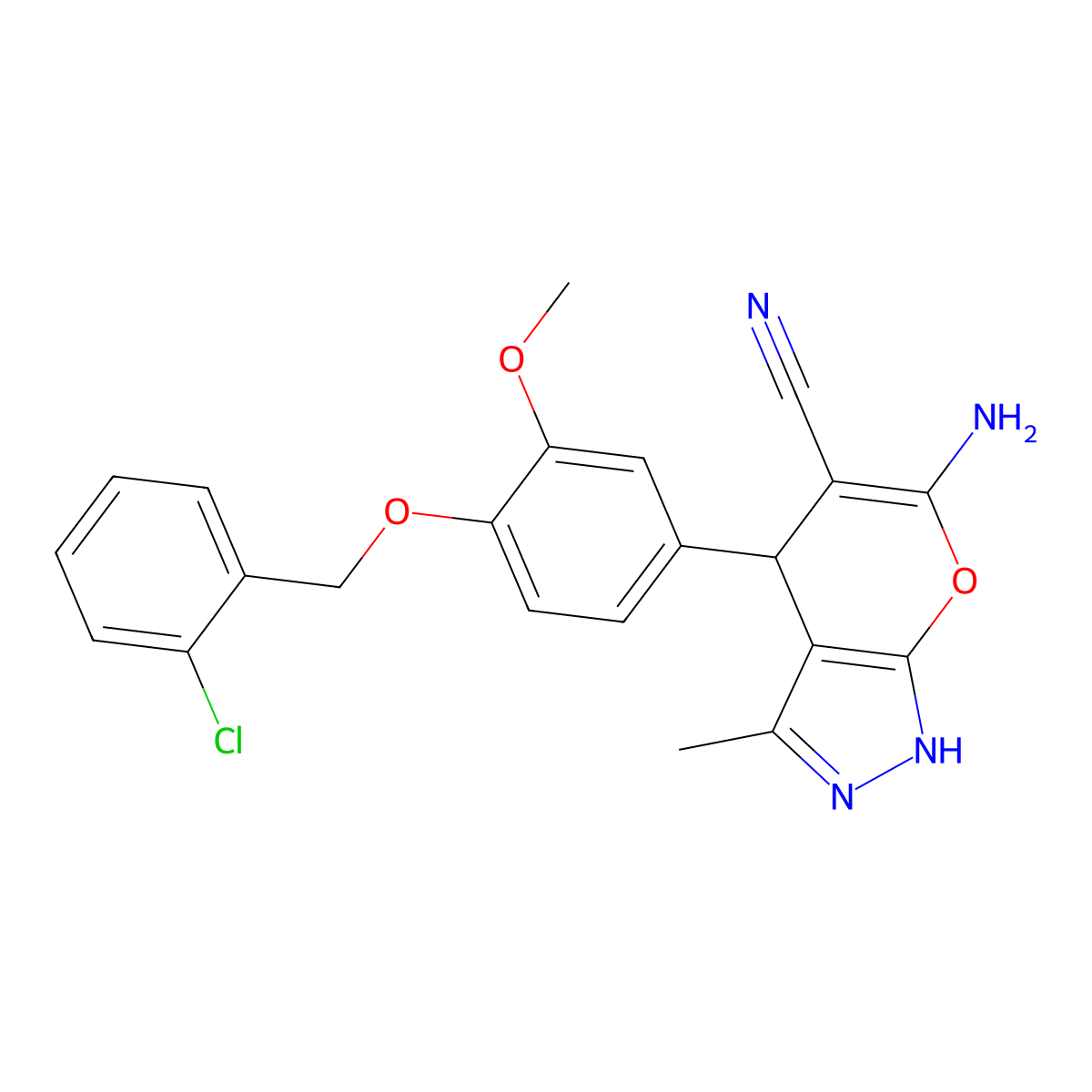 6-Amino-4-(4-((2-chlorobenzyl)oxy)-3-methoxyphenyl)-3-methyl-1,4-dihydropyrano[2,3-c]pyrazole-5-carbonitrile molecular structure, CAS 337499-07-7