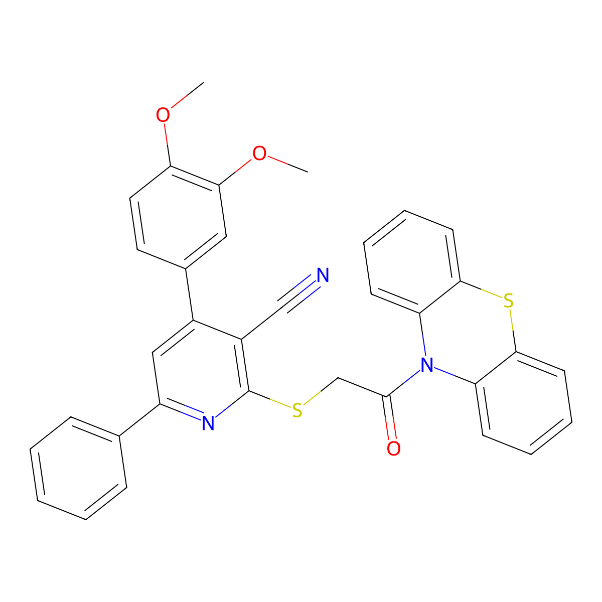 4-(3,4-Dimethoxyphenyl)-2-((2-oxo-2-(10H-phenothiazin-10-yl)ethyl)thio)-6-phenylnicotinonitrile molecular structure, CAS 337499-16-8