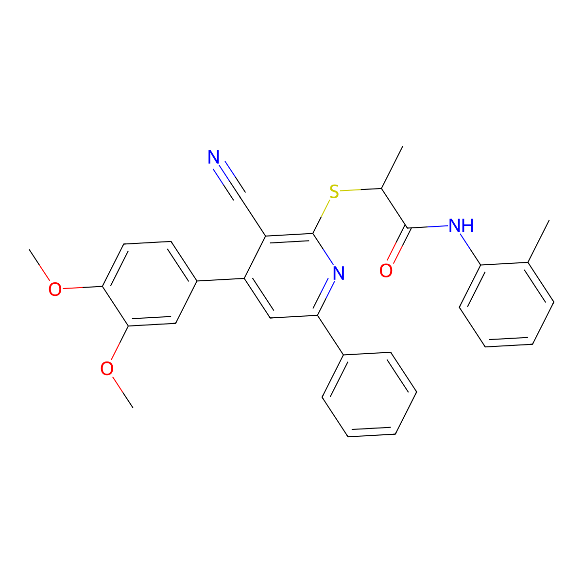 2-((3-Cyano-4-(3,4-dimethoxyphenyl)-6-phenylpyridin-2-yl)thio)-N-(o-tolyl)propanamide molecular structure, CAS 337499-33-9
