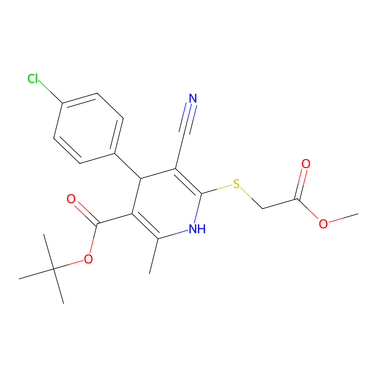 Tert-butyl 4-(4-chlorophenyl)-5-cyano-6-[(2-methoxy-2-oxoethyl)sulfanyl]-2-methyl-1,4-dihydropyridine-3-carboxylate molecular structure, CAS 337499-36-2