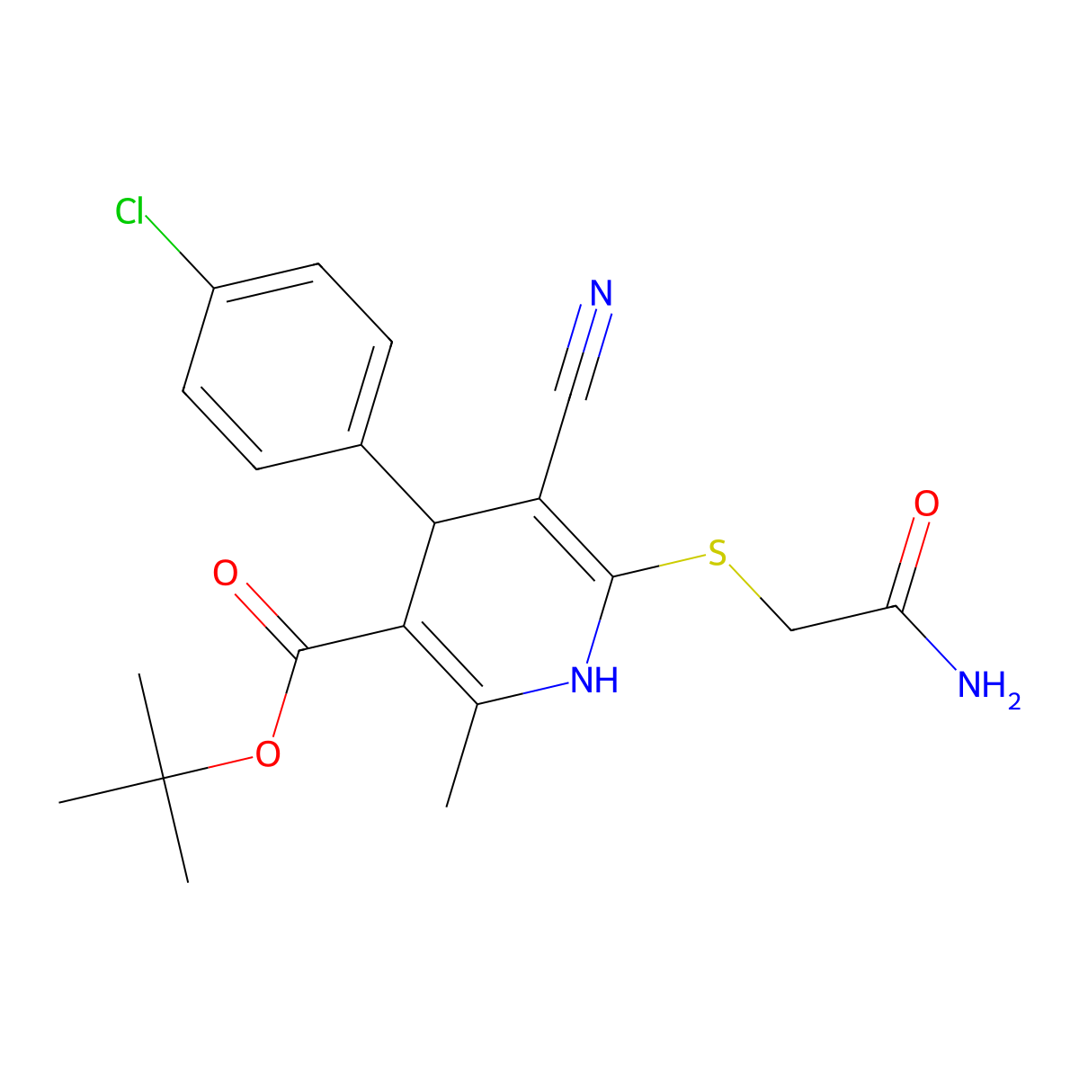 Tert-butyl 6-((2-amino-2-oxoethyl)thio)-4-(4-chlorophenyl)-5-cyano-2-methyl-1,4-dihydropyridine-3-carboxylate molecular structure, CAS 337499-40-8