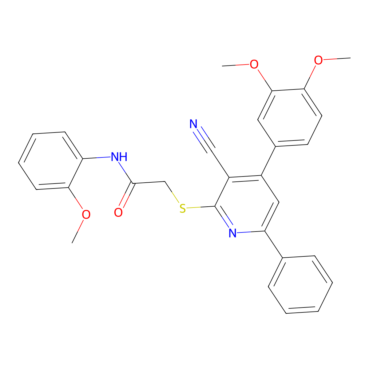 2-((3-Cyano-4-(3,4-dimethoxyphenyl)-6-phenylpyridin-2-yl)thio)-N-(2-methoxyphenyl)acetamide molecular structure, CAS 337499-41-9
