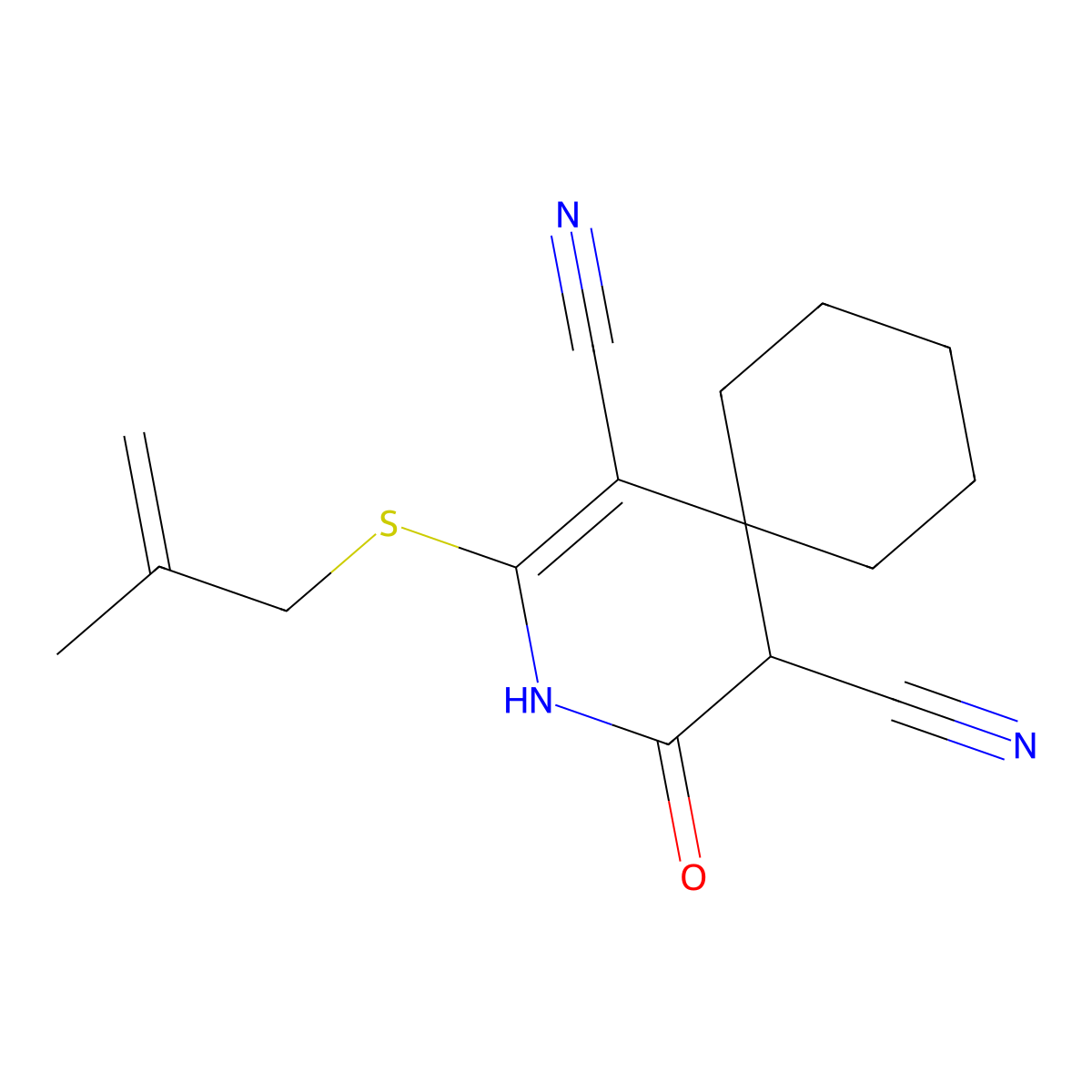 2-((2-Methylallyl)thio)-4-oxo-3-azaspiro[5.5]undec-1-ene-1,5-dicarbonitrile molecular structure, CAS 337500-10-4