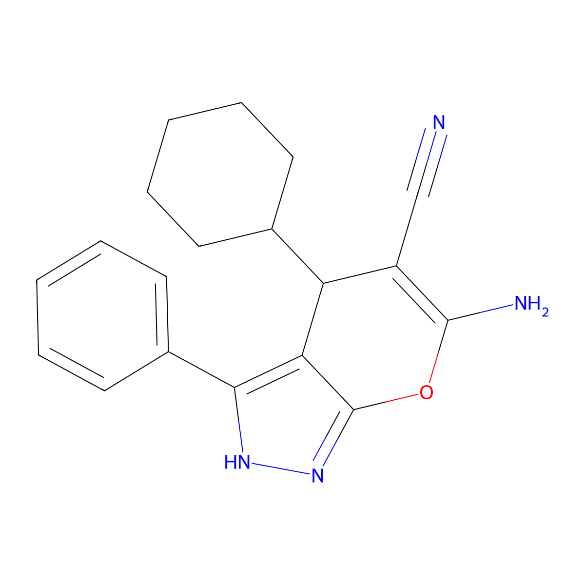 6-Amino-4-cyclohexyl-3-phenyl-2,4-dihydropyrano[2,3-c]pyrazole-5-carbonitrile molecular structure, CAS 337500-27-3