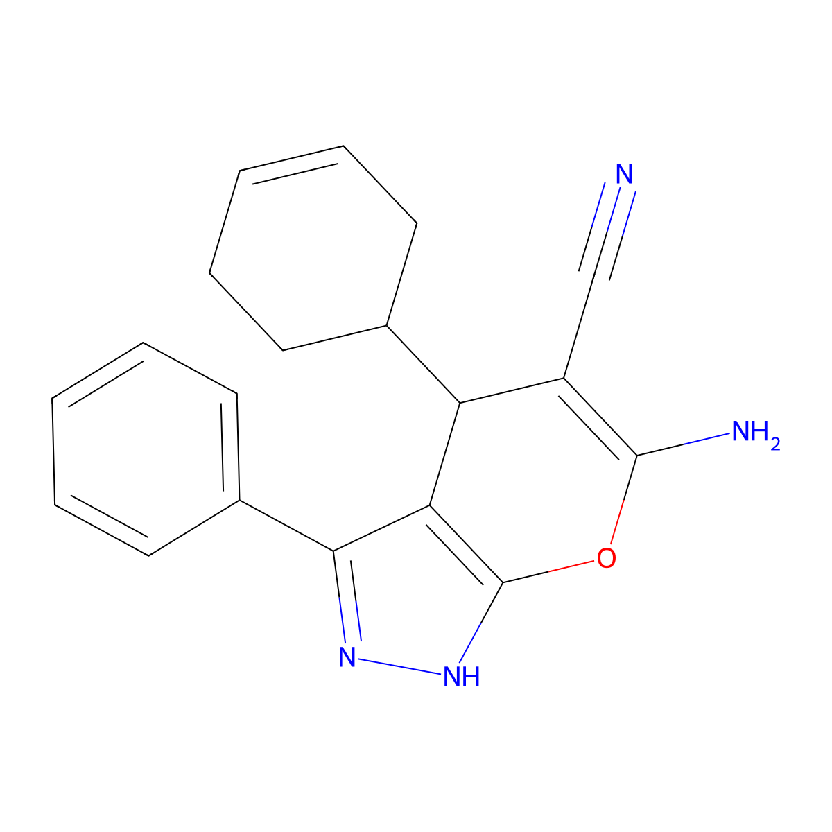 6-Amino-4-cyclohex-3-en-1-yl-3-phenyl-2,4-dihydropyrano[2,3-c]pyrazole-5-carbonitrile molecular structure, CAS 337500-36-4