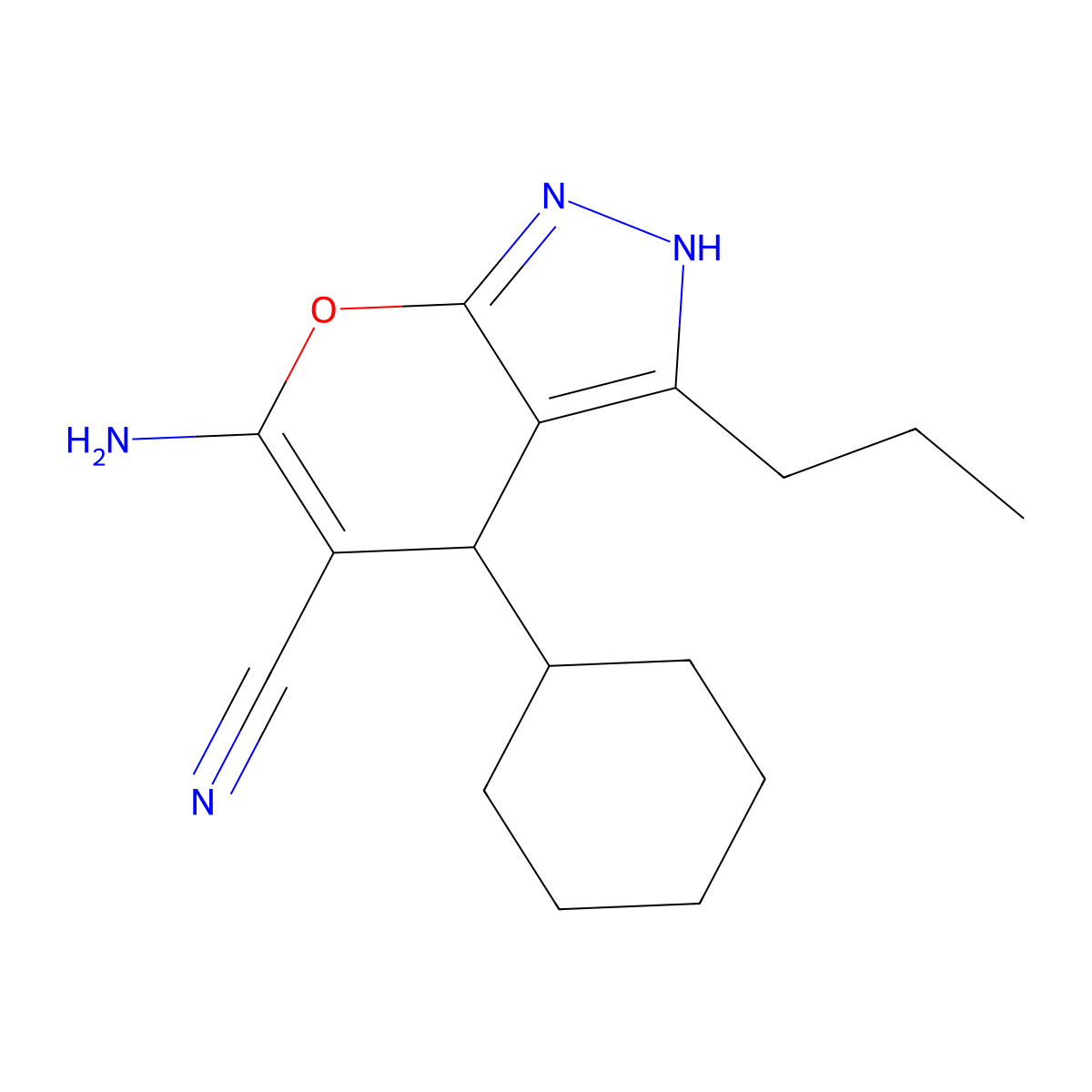 6-Amino-4-cyclohexyl-3-propyl-2,4-dihydropyrano[2,3-c]pyrazole-5-carbonitrile molecular structure, CAS 337500-60-4