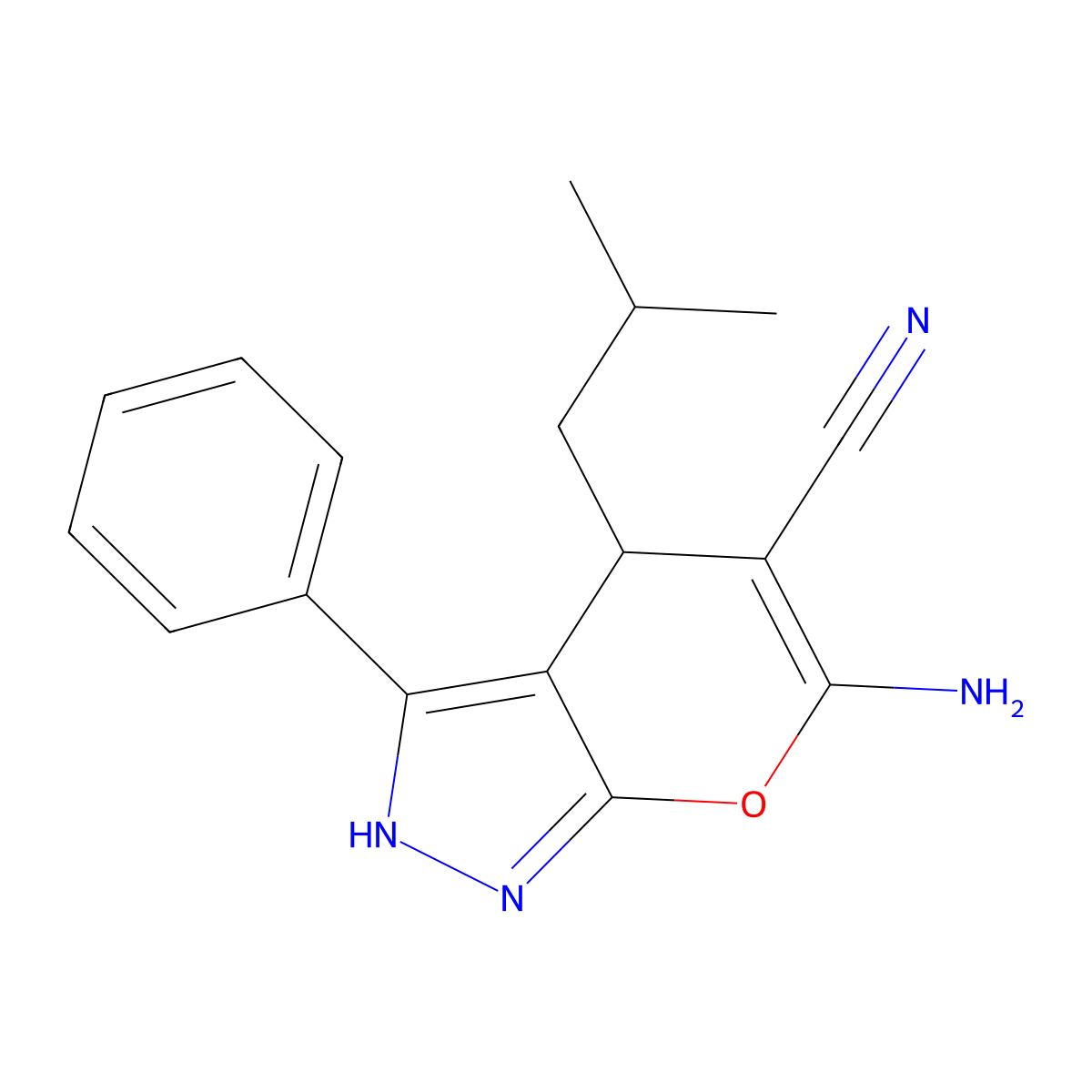 6-Amino-4-(2-methylpropyl)-3-phenyl-2,4-dihydropyrano[2,3-c]pyrazole-5-carbonitrile molecular structure, CAS 337500-62-6