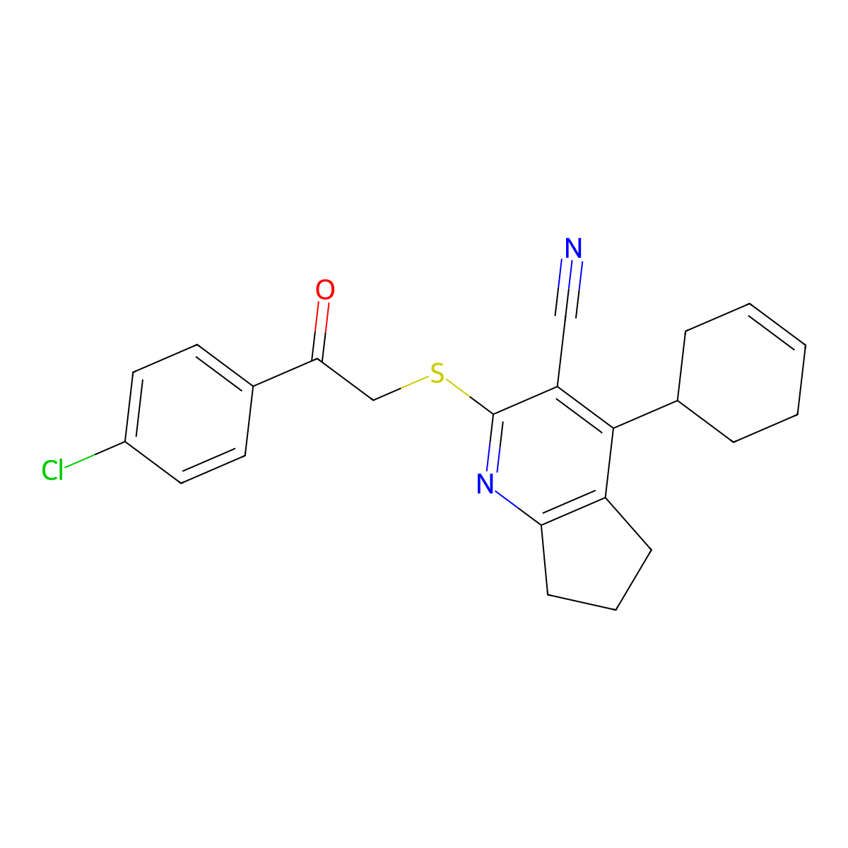 2-((2-(4-chlorophenyl)-2-oxoethyl)thio)-4-(cyclohex-3-en-1-yl)-6,7-dihydro-5H-cyclopenta[b]pyridine-3-carbonitrile molecular structure, CAS 337501-13-0