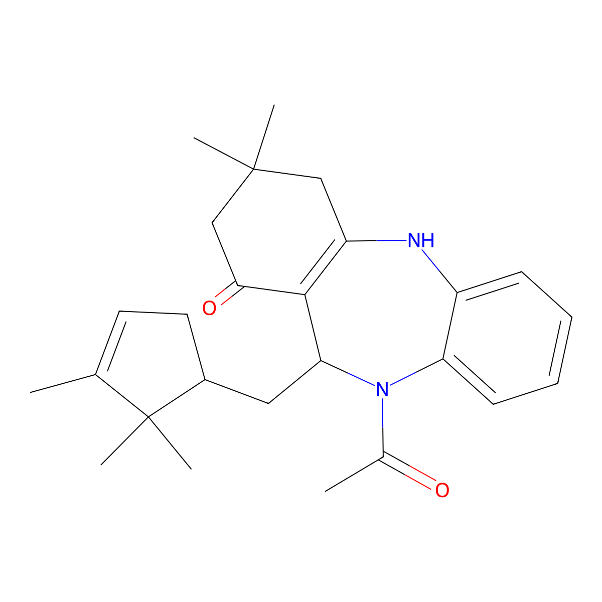 5-Acetyl-9,9-dimethyl-6-[(2,2,3-trimethylcyclopent-3-en-1-yl)methyl]-6,8,10,11-tetrahydrobenzo[b][1,4]benzodiazepin-7-one molecular structure, CAS 337503-05-6