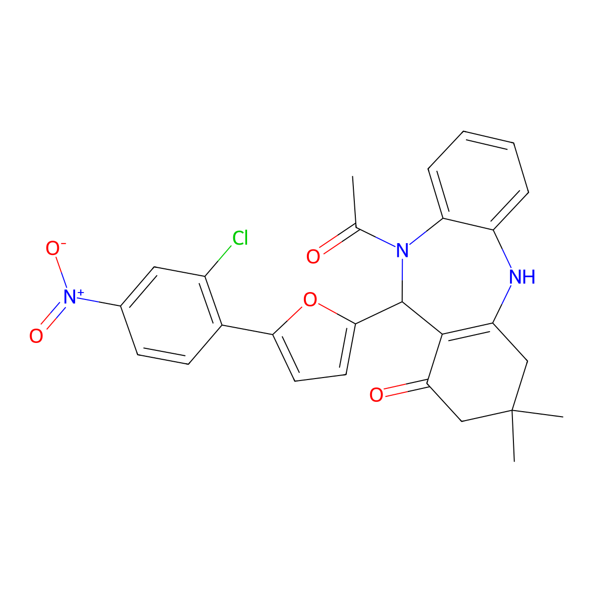 5-Acetyl-6-[5-(2-chloro-4-nitrophenyl)furan-2-yl]-9,9-dimethyl-6,8,10,11-tetrahydrobenzo[b][1,4]benzodiazepin-7-one molecular structure, CAS 337503-18-1