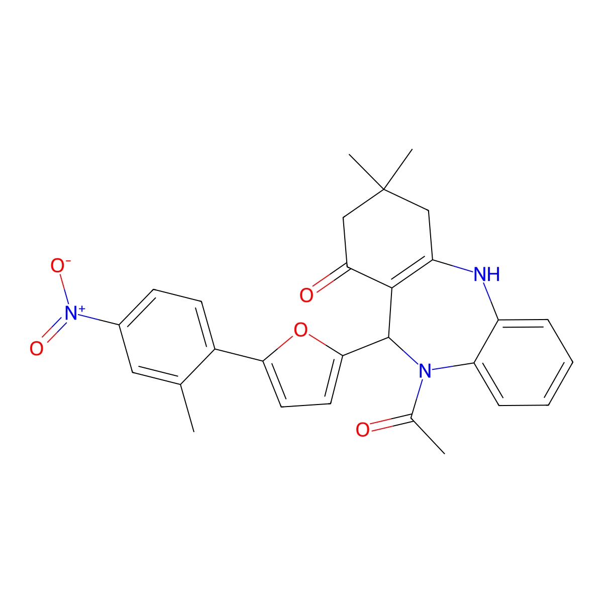 5-Acetyl-9,9-dimethyl-6-[5-(2-methyl-4-nitrophenyl)furan-2-yl]-6,8,10,11-tetrahydrobenzo[b][1,4]benzodiazepin-7-one molecular structure, CAS 337503-28-3