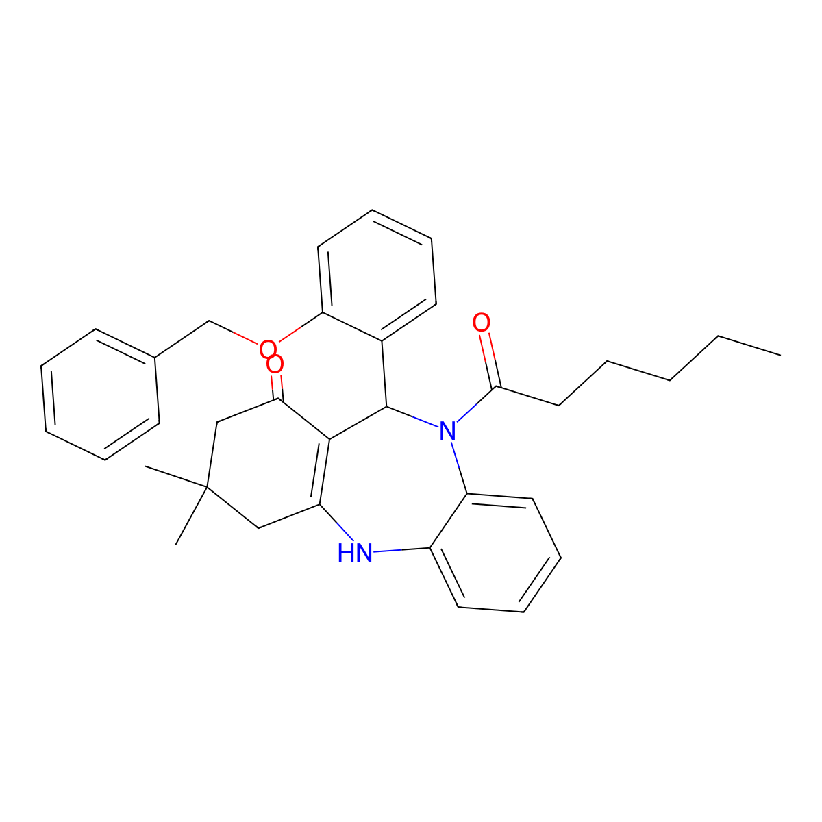 5-Hexanoyl-9,9-dimethyl-6-(2-phenylmethoxyphenyl)-6,8,10,11-tetrahydrobenzo[b][1,4]benzodiazepin-7-one molecular structure, CAS 337503-36-3